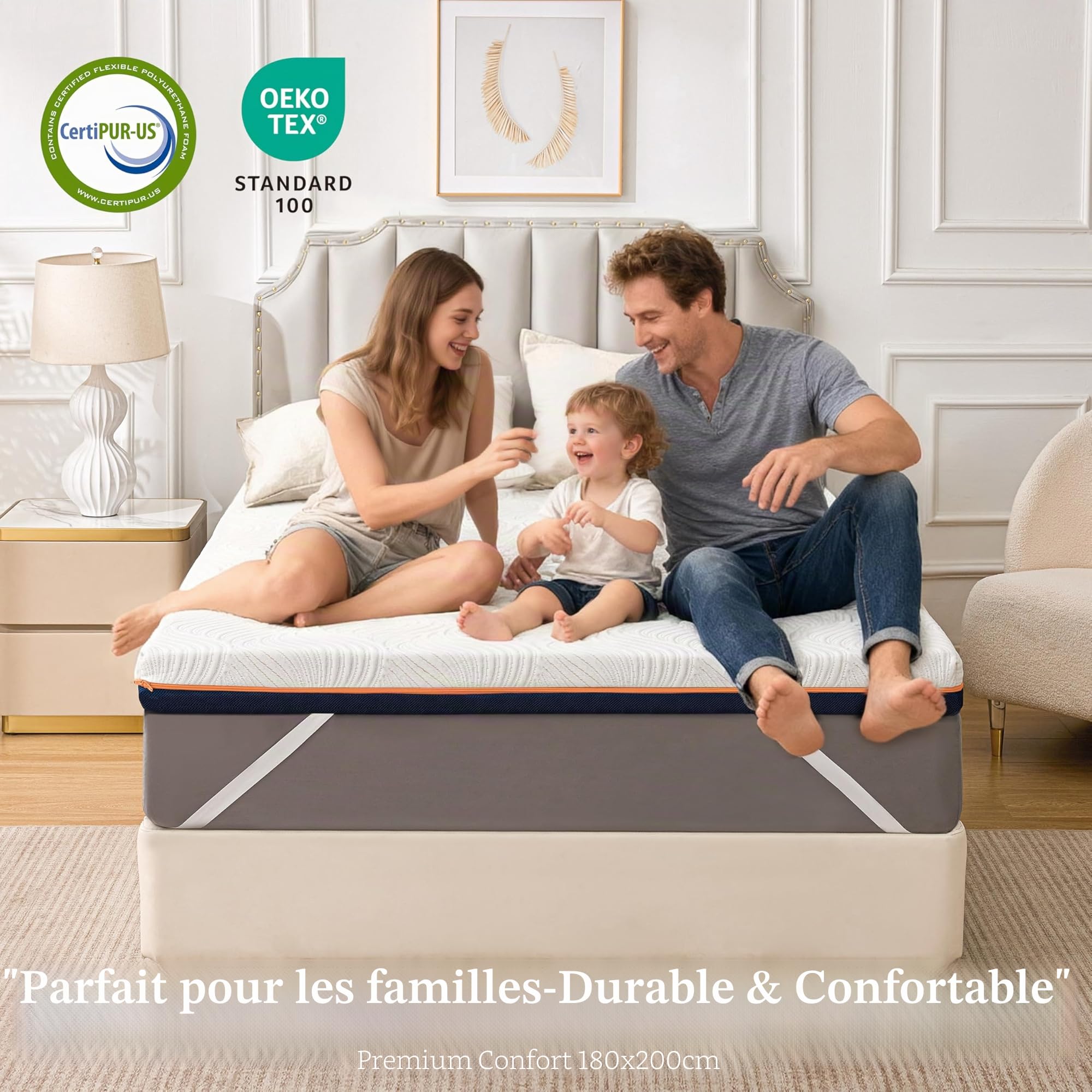 Surmatelas Mémoire de Forme 140x200cm – 7.5CM Gel Infusé, Mousse Haute Densité, Surmatelas Ergonomique Respirant avec Housse Hypoallergénique Amovible et Lavable