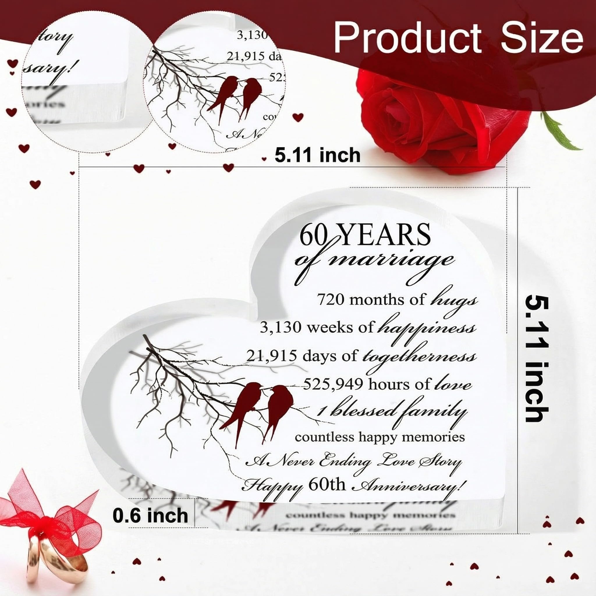 Qunclay 60th Years of Marriage Gift Wedding Anniversary Souvenir Heart Marriage Keepsake Decoration Present for Couple Parent Women Mom Husband Wife He She Friend Grandparents