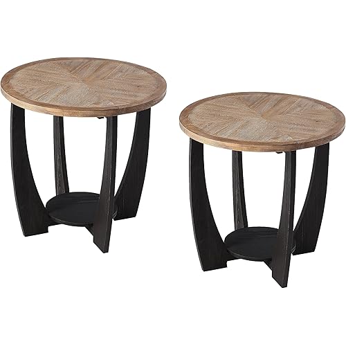 Rustic Farmhouse End Table -2P, French Country Accent Side Table for Family, Dinning or Living Room, Small Spaces, Modern, Round, Black End Table