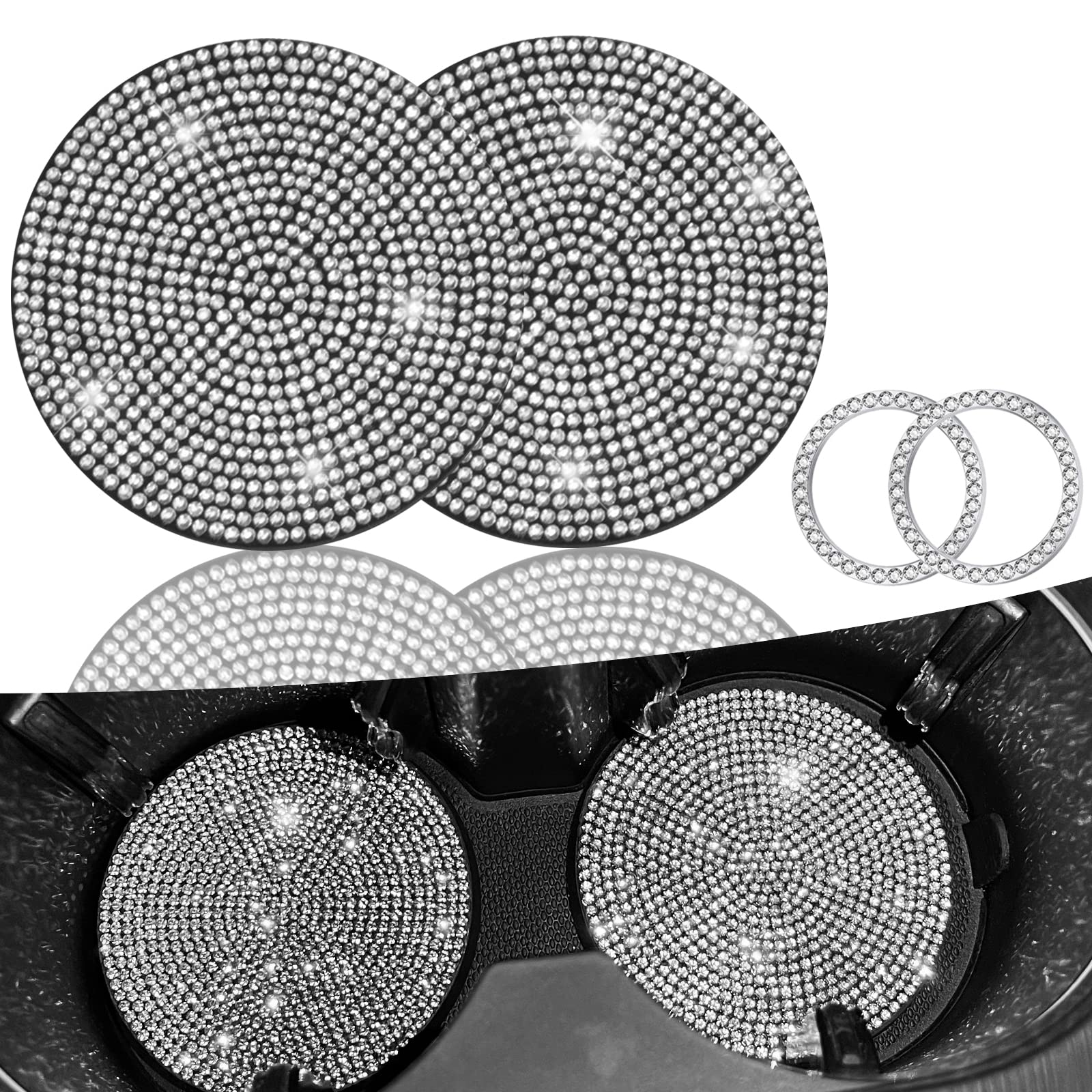 2 Pack Coaster for Car Cup Holder,Auto Anti Slip Bling 2.75 inch Surface Full Crystal Rhinestone Coaster Car Interior Accessories（White）