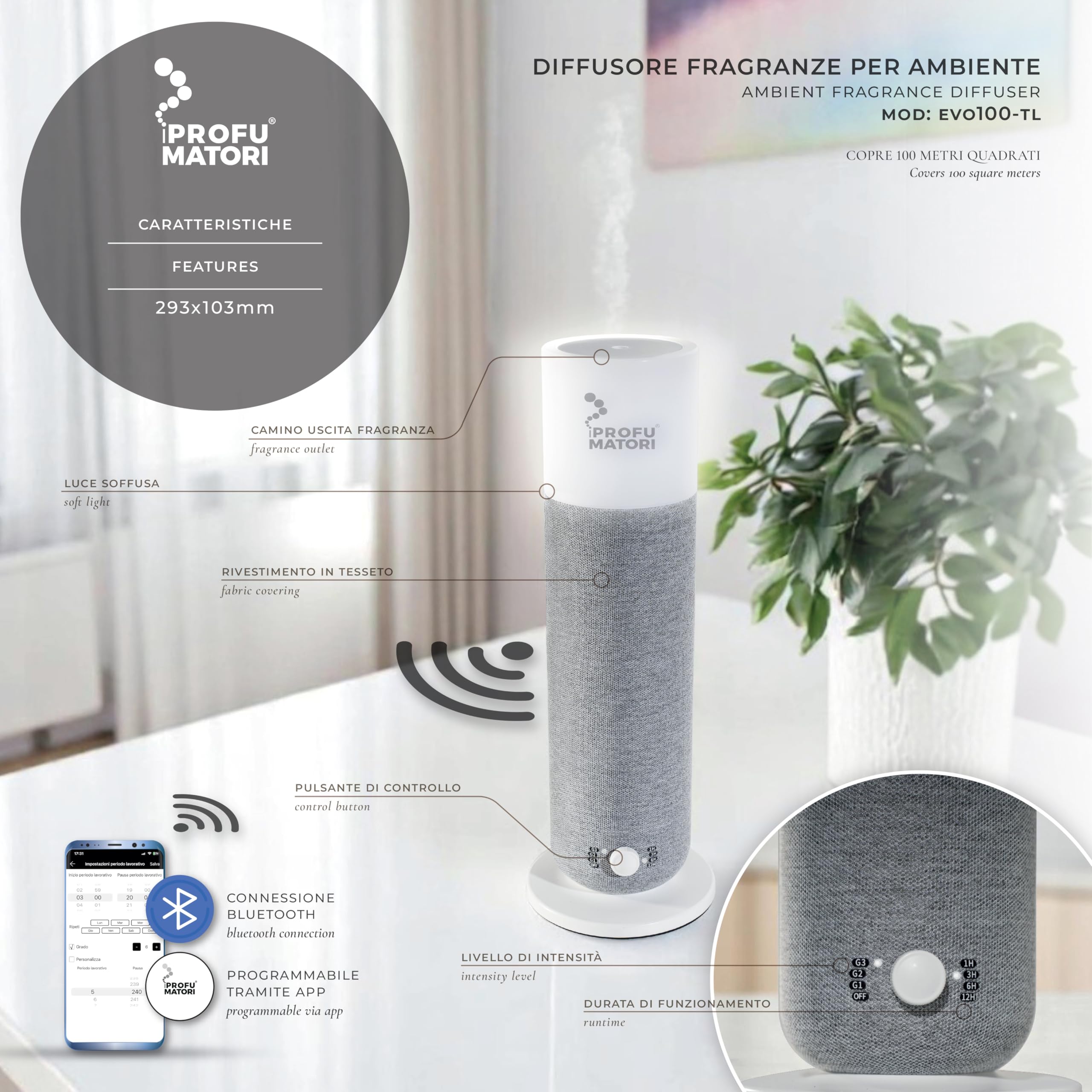 Diffusore profumo ambiente Smart EVO100 TL, fragranza Rosso Divino, nebulizzazione a freddo, controllo buetooth, copertura fino a 100 m², luce ambientale integrata, 100 ml, Colore Grigio