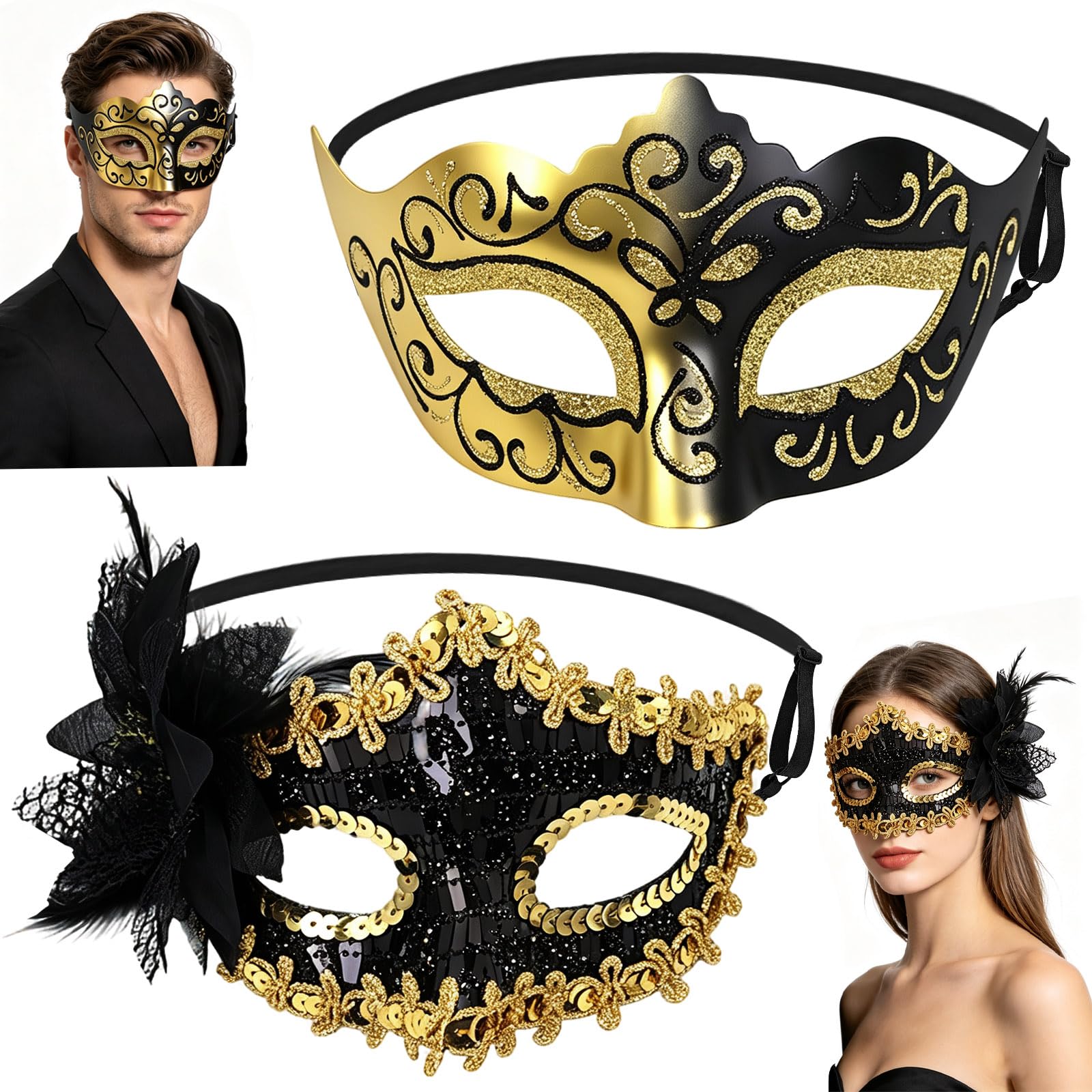 2 Pack Couple Masquerade Mask Set - Masquerade Mask for Women with Feathers