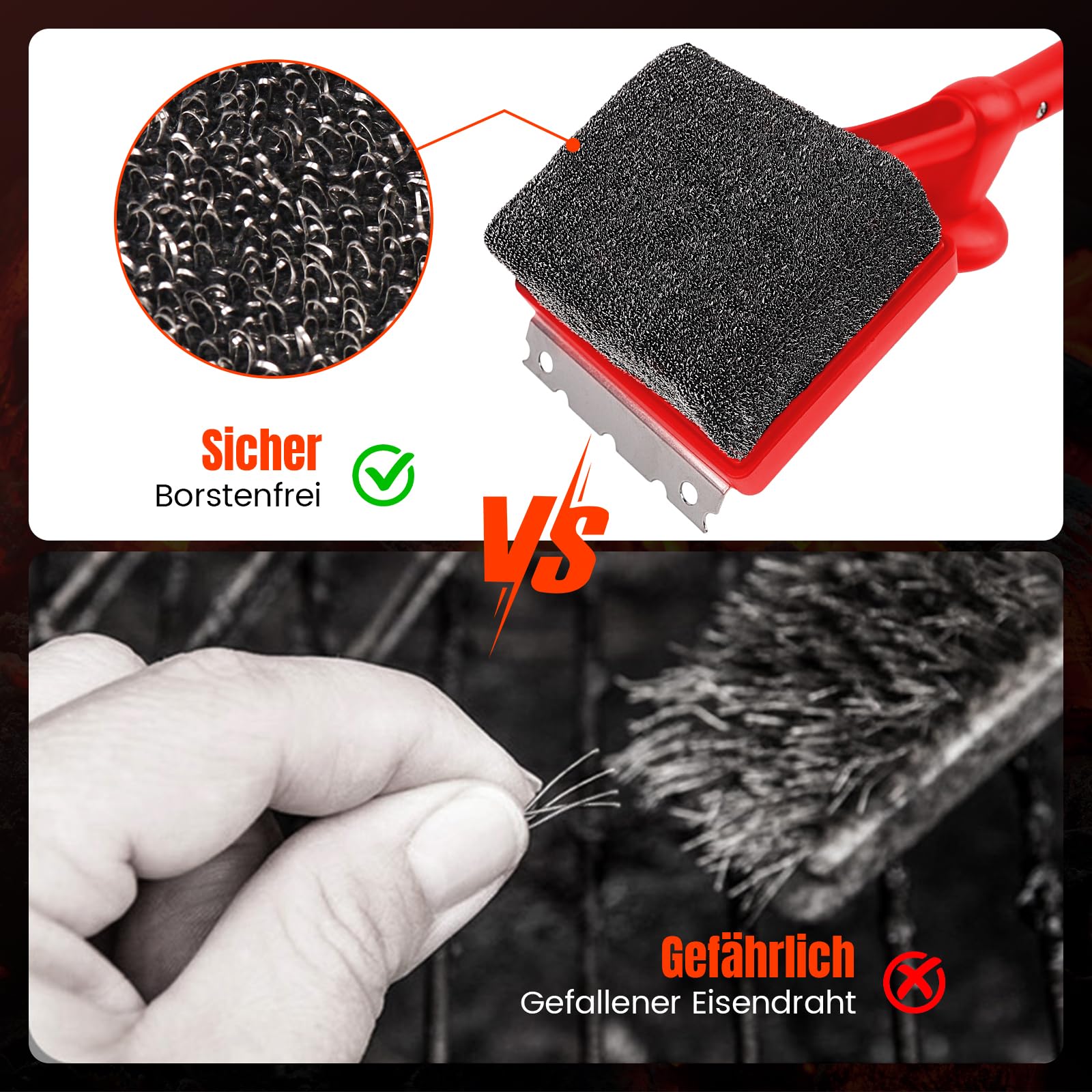 Grillbürste ohne Metallborsten, ANJUKE 4-in-1 Sichere Dampf-Grillbürste für Gussrost mit Edelstahl Spatel und Austauschbar Grillbürstenkopf, für Gasgrill, Holzkohlegrill, Kugelgrill（Rot）