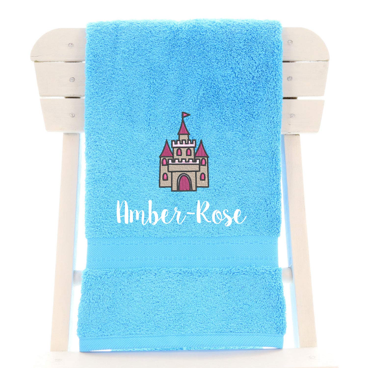 aztex Personalised Children's 100% Cotton Bath Towel with Princess Castle Logo & Name, 550gsm, 70cm x 130cm - Turquoise