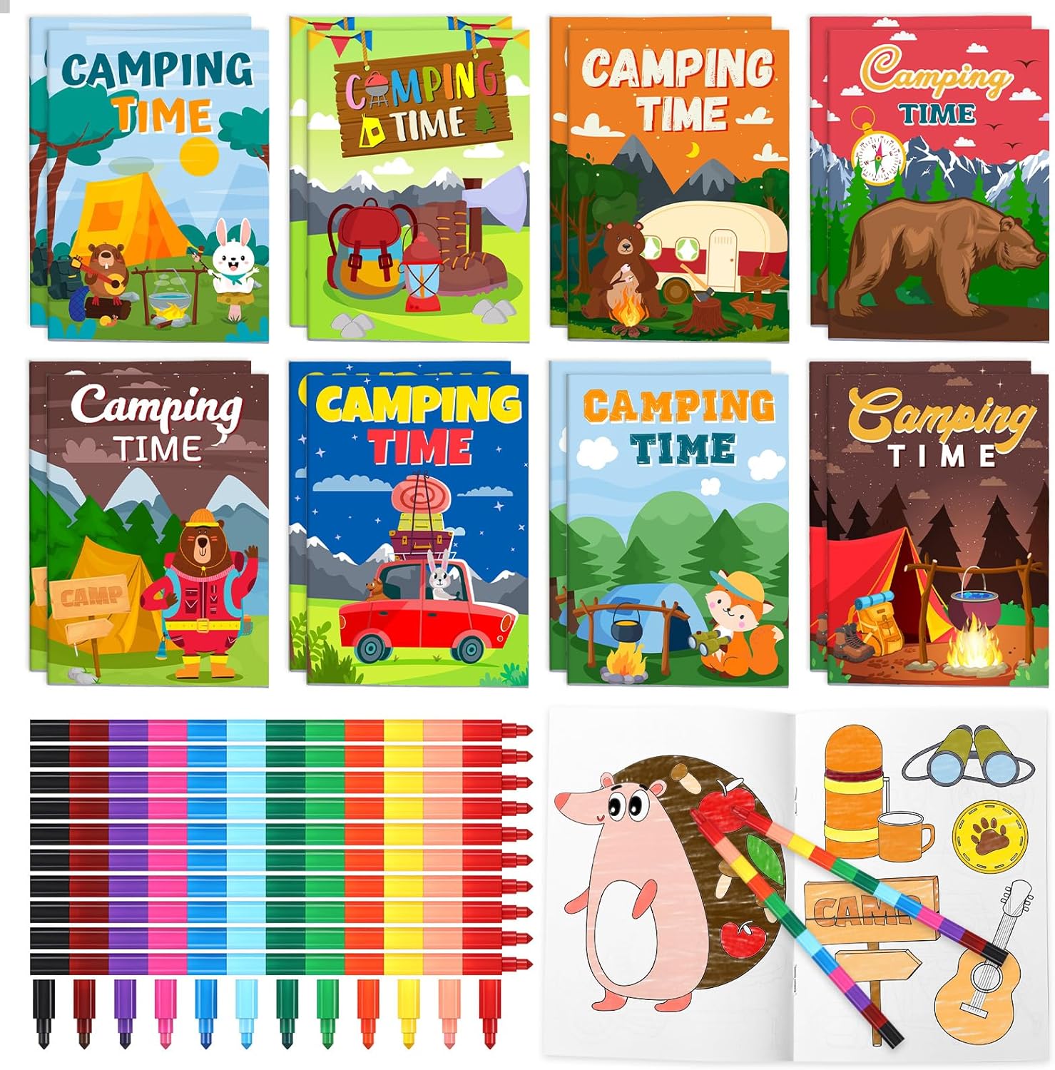 Pasimy 48 Pcs Camping Coloring Books with Stackable Crayons Coloring Pages Drawing Booklet Party Supplies for DIY Art Painting Goodie Bag Fillers