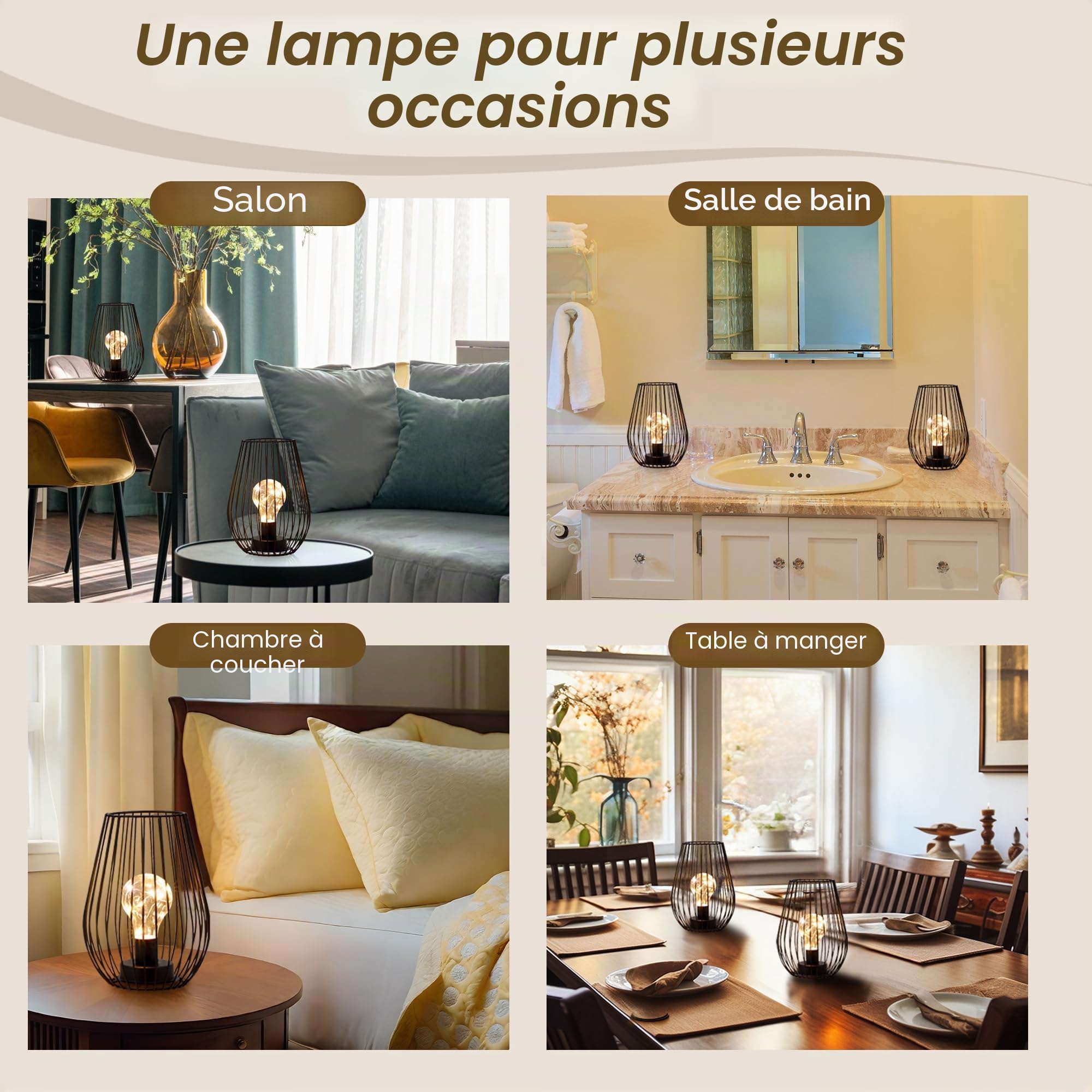 TRIROCKS Lampe de Table Métallique Sans Fil 20cm, Set de 2 Lanternes en Forme de Cage à Piles avec Ampoule Lumières Féériques pour Intérieur/Extérieur, Noël, Mariages (Noir)
