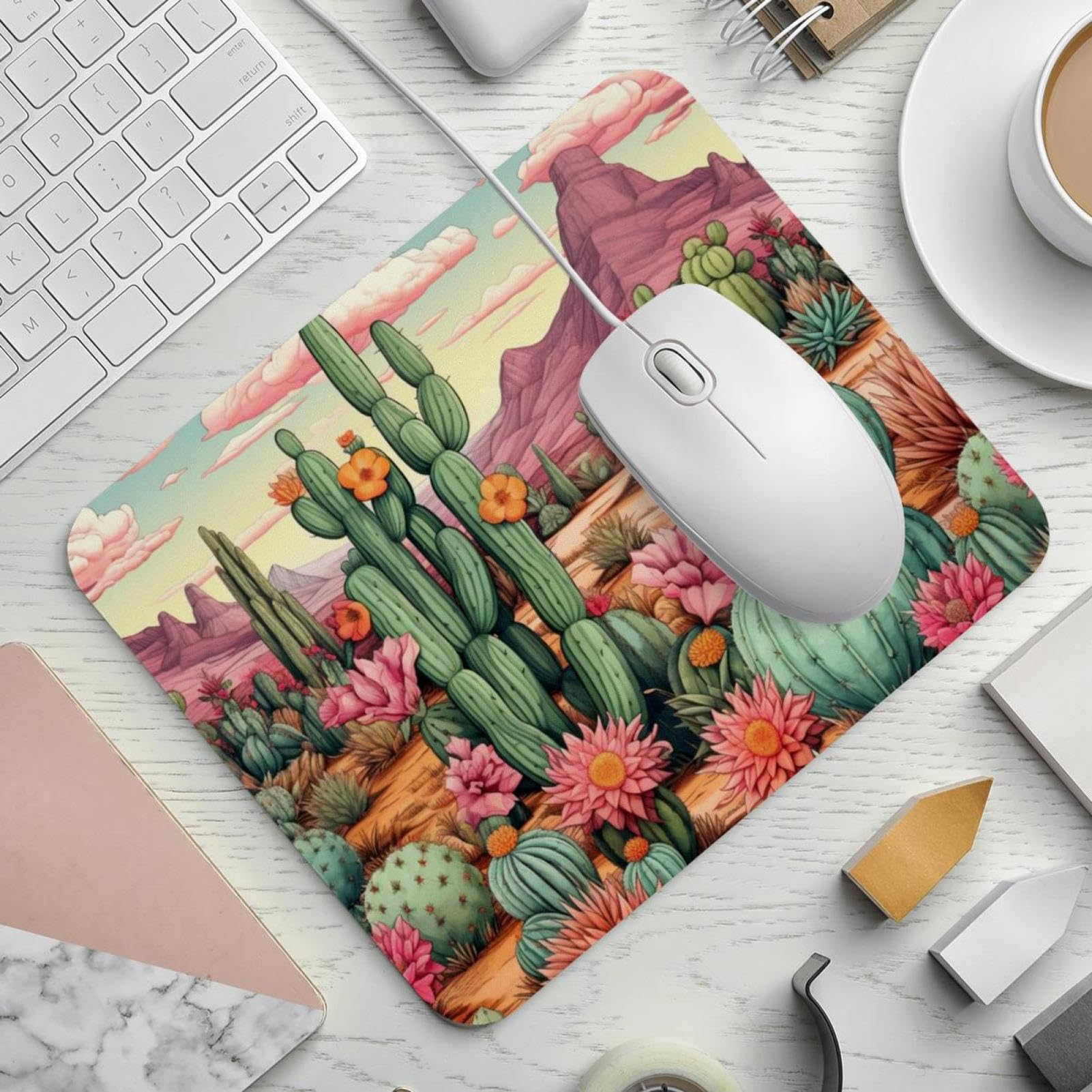 Tappetino per mouse quadrato, motivo fiori di cactus, senza cuciture, 19 tappetini per mouse lavabili, con base in gomma antiscivolo, tappetino per mouse senza fili, facile scorrimento