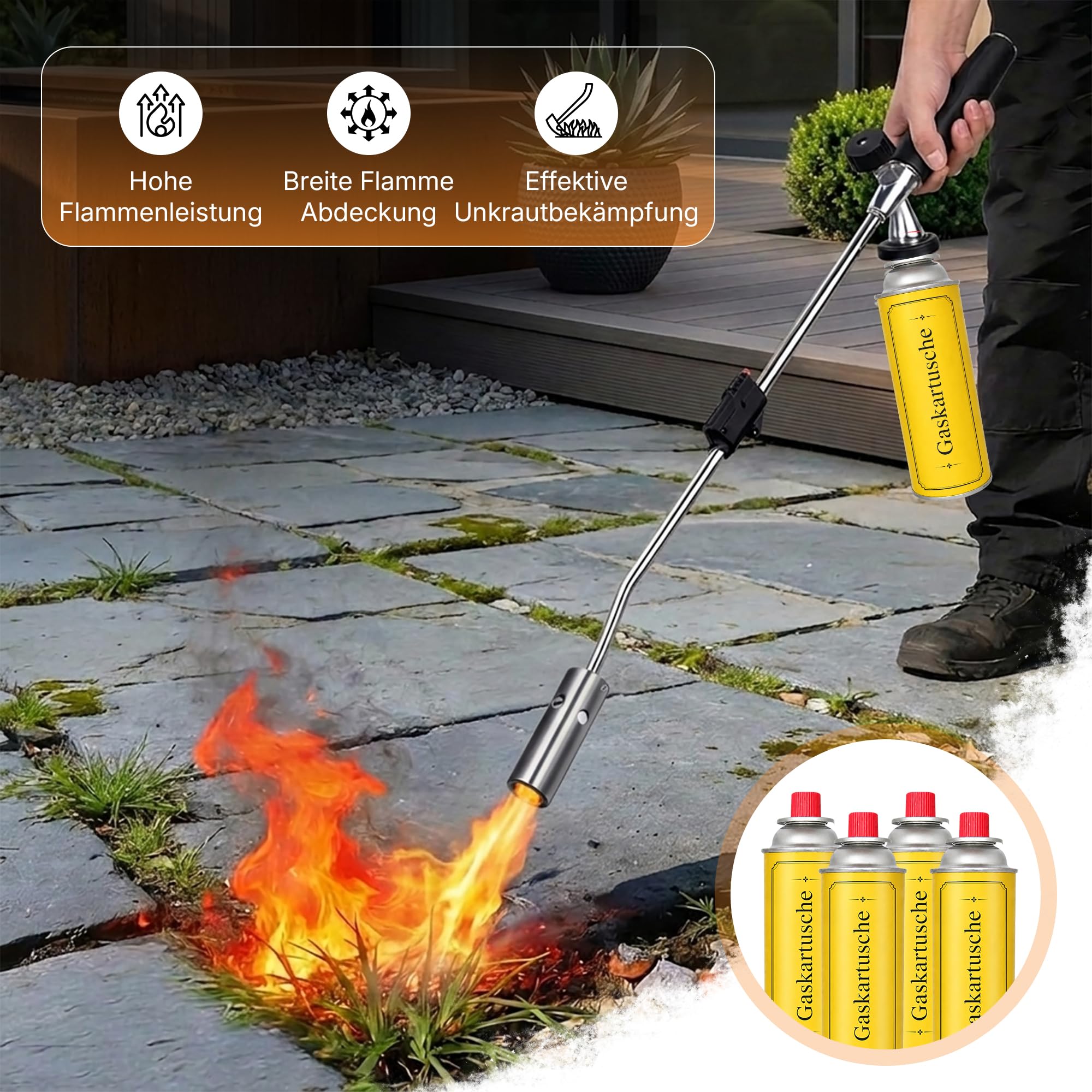 Unkrautbrenner [1100°] mit Piezozündung – professionelles Abflammgeraet mit robustem Griff & stufenloser Flammenregelung – ergonomischer Unkrautvernichter 80 cm – inkl. 4 Gaskartuschen