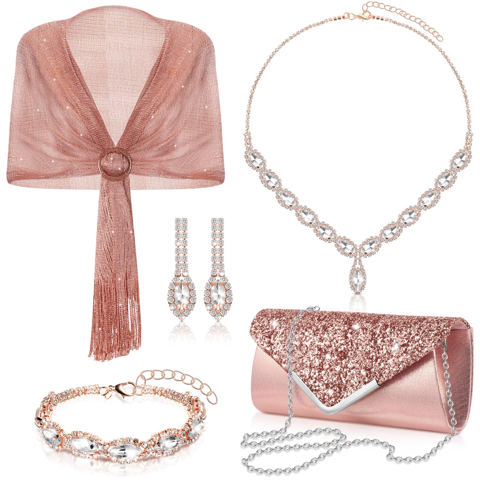 Tiamon 5 Pcs Rhinestone Jewelry Sets Shawls and Wraps Formal Clutch Purses for Women Evening Dresses Weddings Valentine's Day