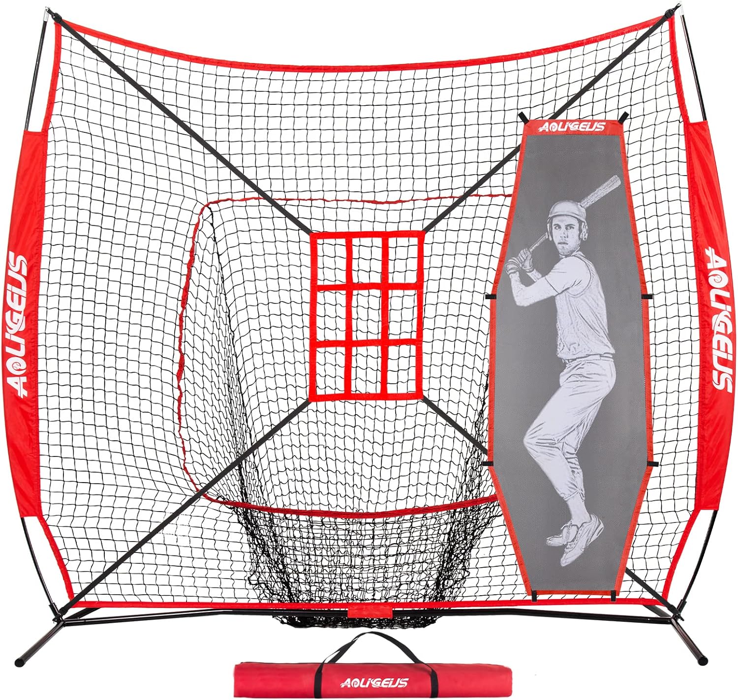 7'X7' Baseball Softball Practice Net,Pitching Net,Batting Net,with Baseball Tee,Bonus Strike Zone and Bow Frame,for Hitting,Pitching, Catching