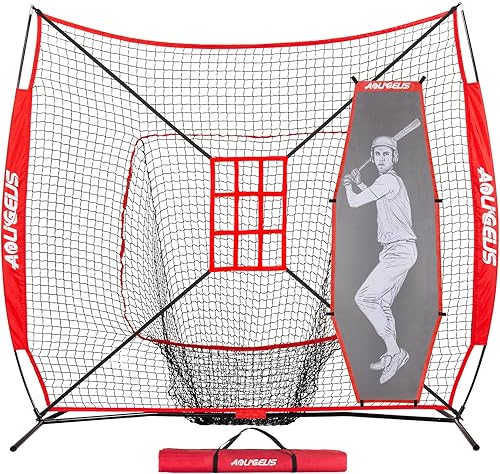 7'X7' Baseball Softball Practice Net,Pitching Net,Batting Net,with Baseball Tee,Bonus Strike Zone and Bow Frame,for Hitting,Pitching, Catching
