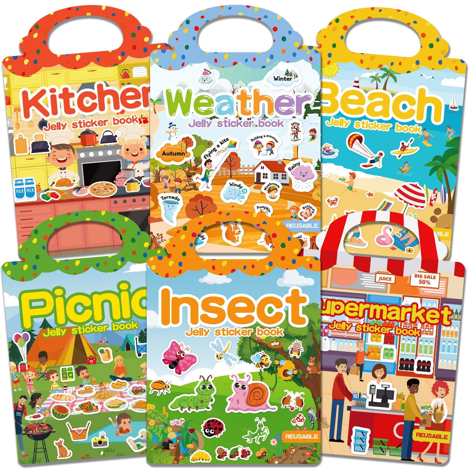 CREATIVETREES 6 Sets Reusable Sticker Book for Toddlers 3-6, Jelly Sticker Books for Toddler, Travel Sticker Activity Toys for Kids 3 4 5 6 Years Old