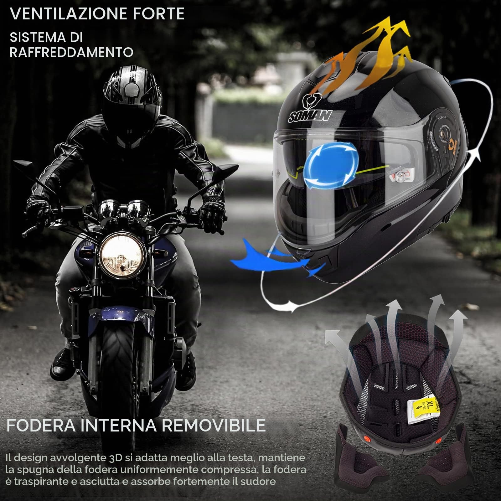 Casco Modulare Apribile Moto Touring Sport Caschi Modulari Motorino con Doppia Visiera Parasole ECE Omologato Casco Moto Integrale per Donna e Uomo, Nero-4XL(67~68cm)