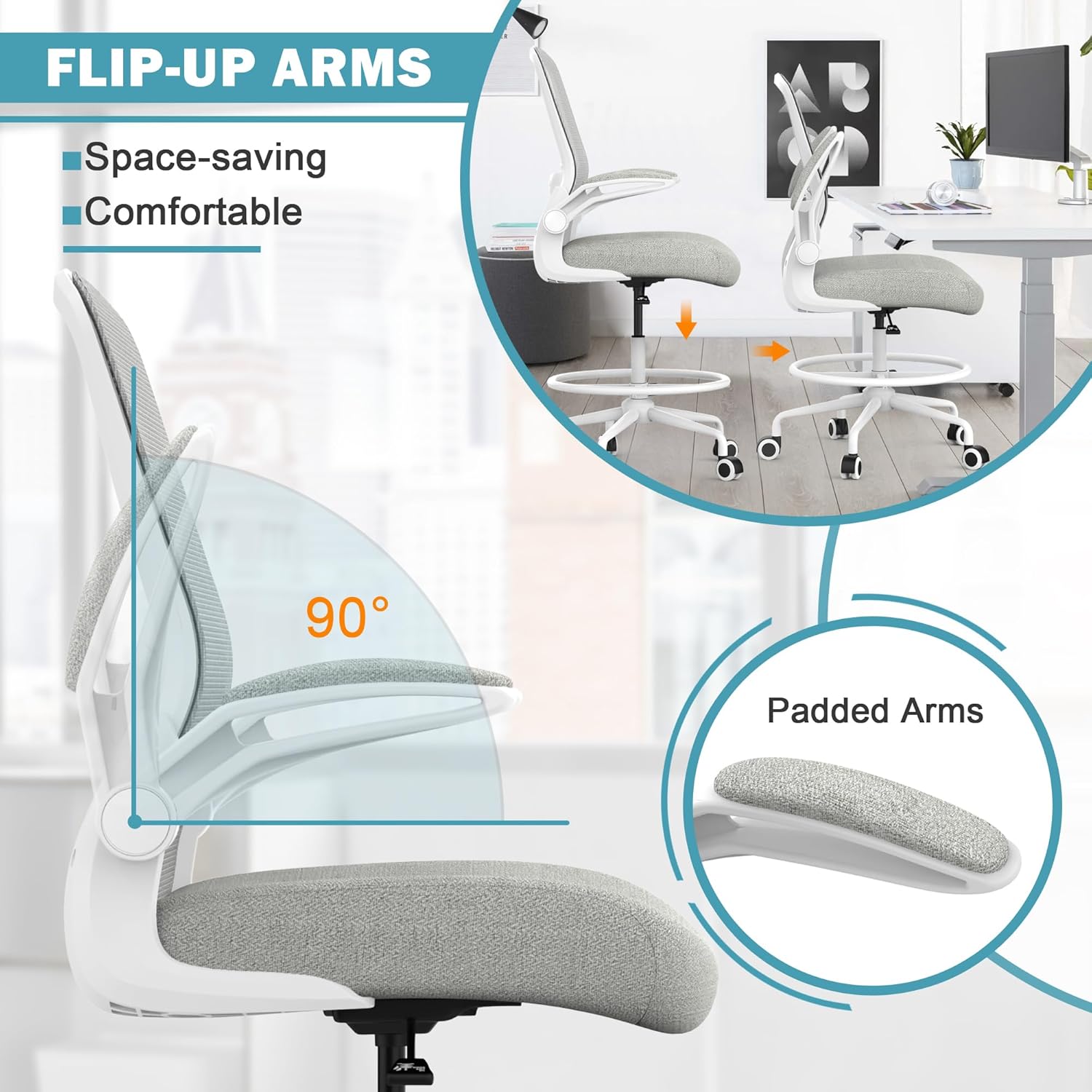 Image illustrating the flip-up armrests of the chair, showing them in both down (working) and up (space-saving) positions.