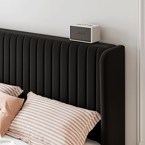 Miniatura 4 de SHA CERLIN Queen Size Velvet Bed Frame with Vertical Channel Tufted Wingback Headboard, Upholstered Platform Bed with Wood Slats, No Box Spring