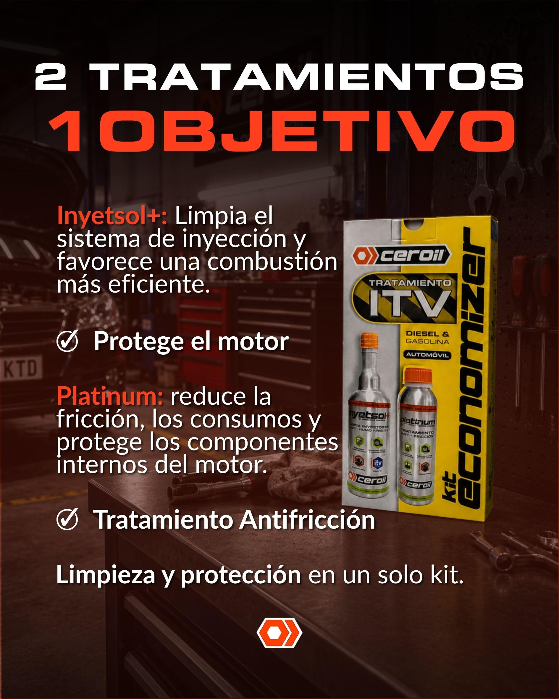 Kit Economizer Auto - Tratamiento Pre - Itv Platinum 200ml Aditivo Antifricción Cerámico para Motor y Transmisión + Inyesol Limpia Inyectores Gasolina y Diésel 500ml 4en1