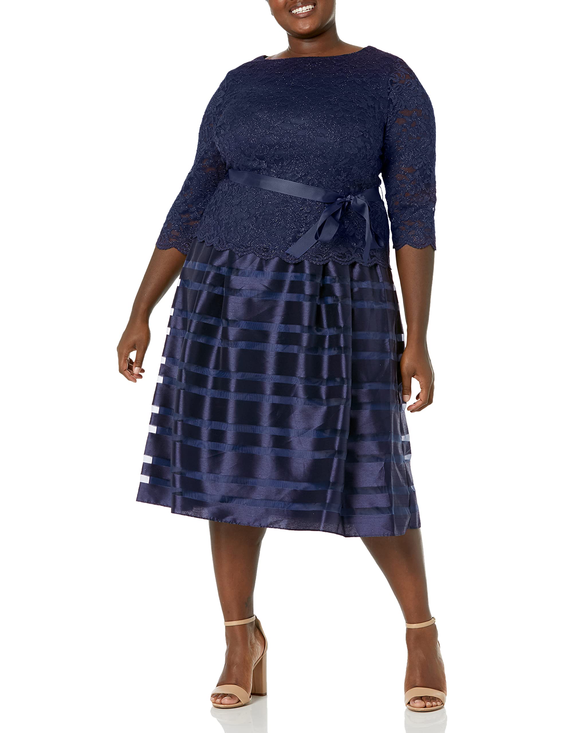 Alex Eveningswomens Plus-size Tea Length A-line Dress With Tie Belt Special Occasion Dress