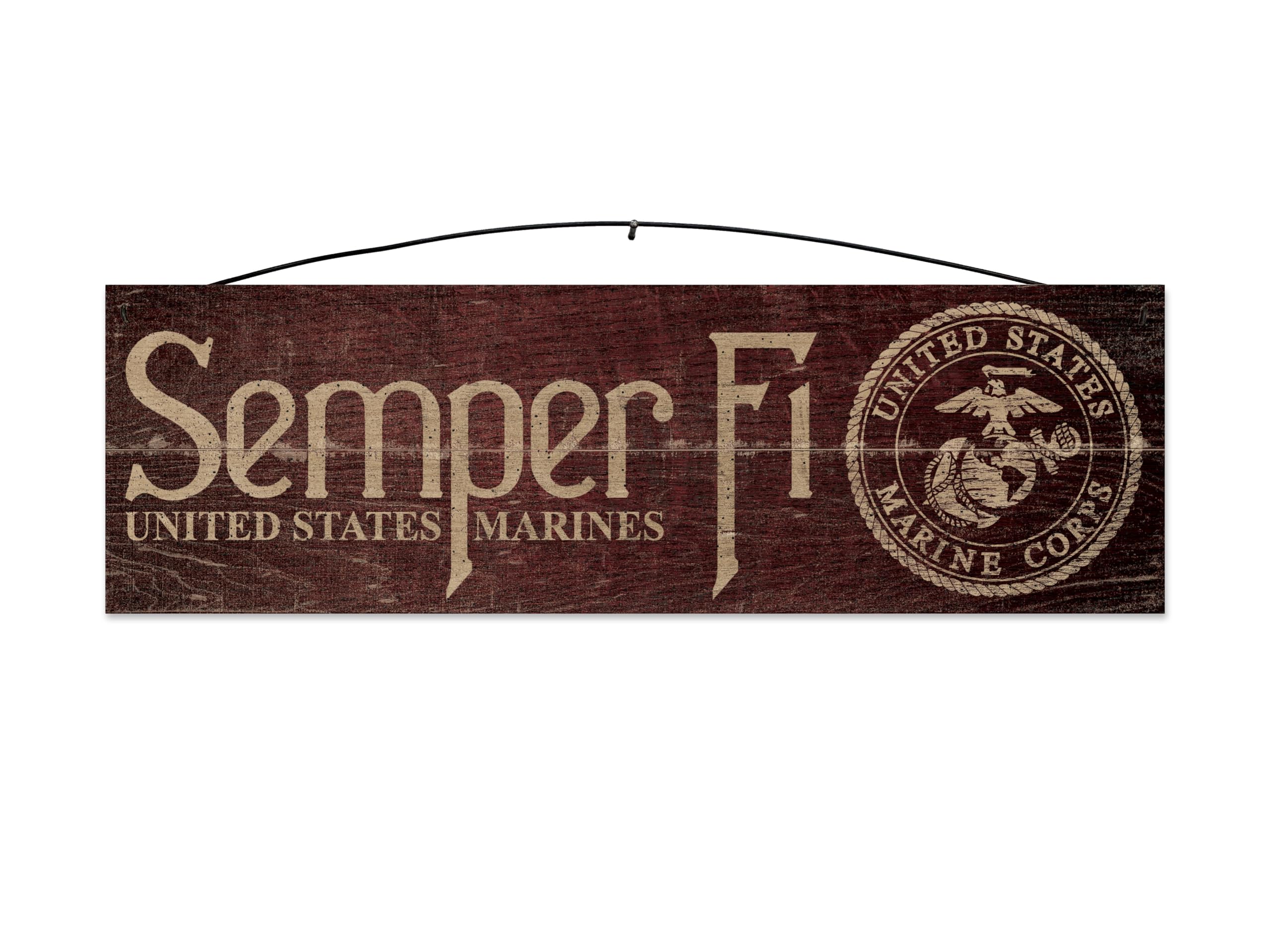 Semper Fi | 5x16 in. | United States Marine Licensed | USMC | 5x16 inches | Maple Sign with Wire Hanger and Stand | BG