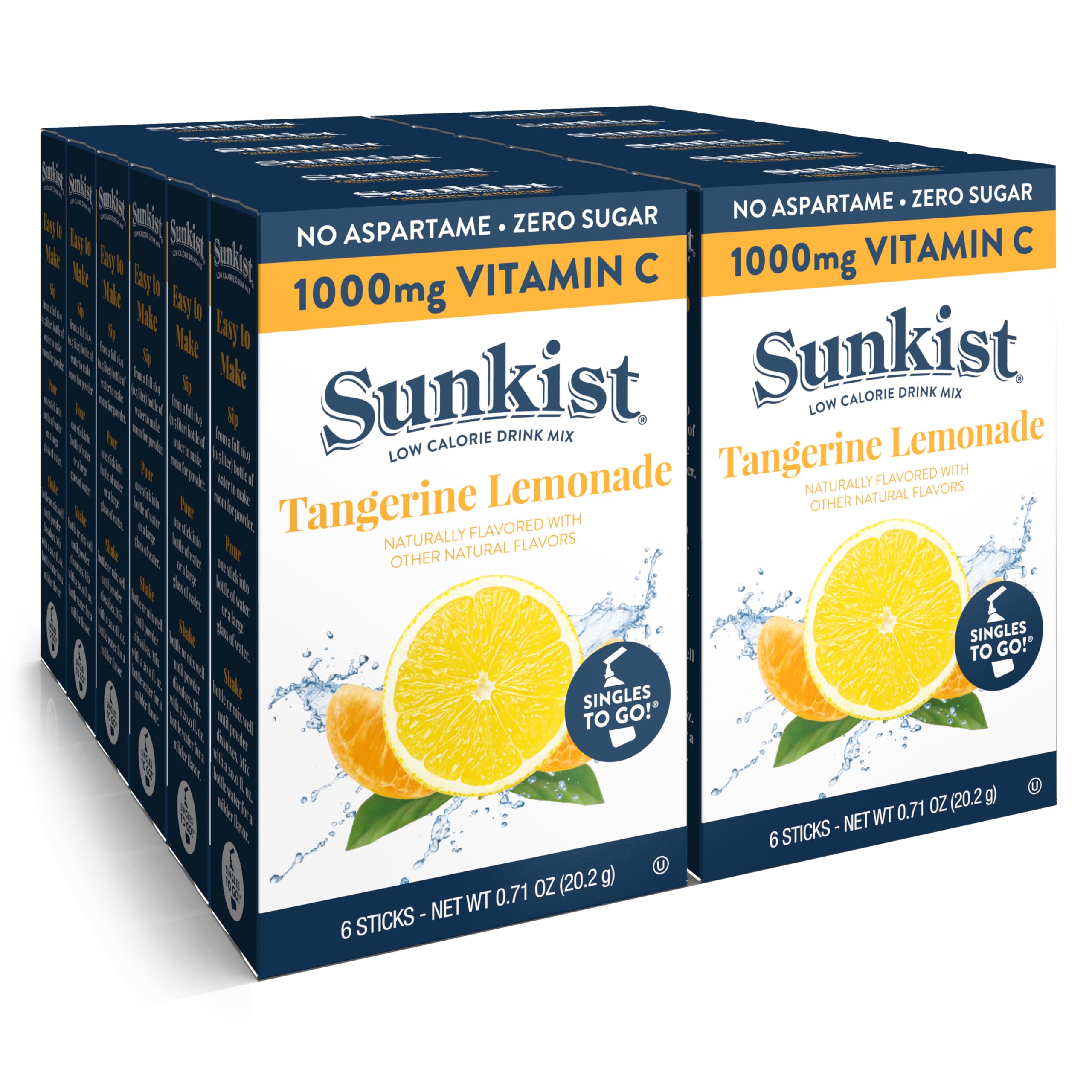 SINGLES TO GO!Sunkist Go Drink Mix Packets, Tangerine Lemonade, 6-Count Box – Powdered Drink Packets with 1000mg Of Vitamin C per Serving, 72 tal Powder Sticks
