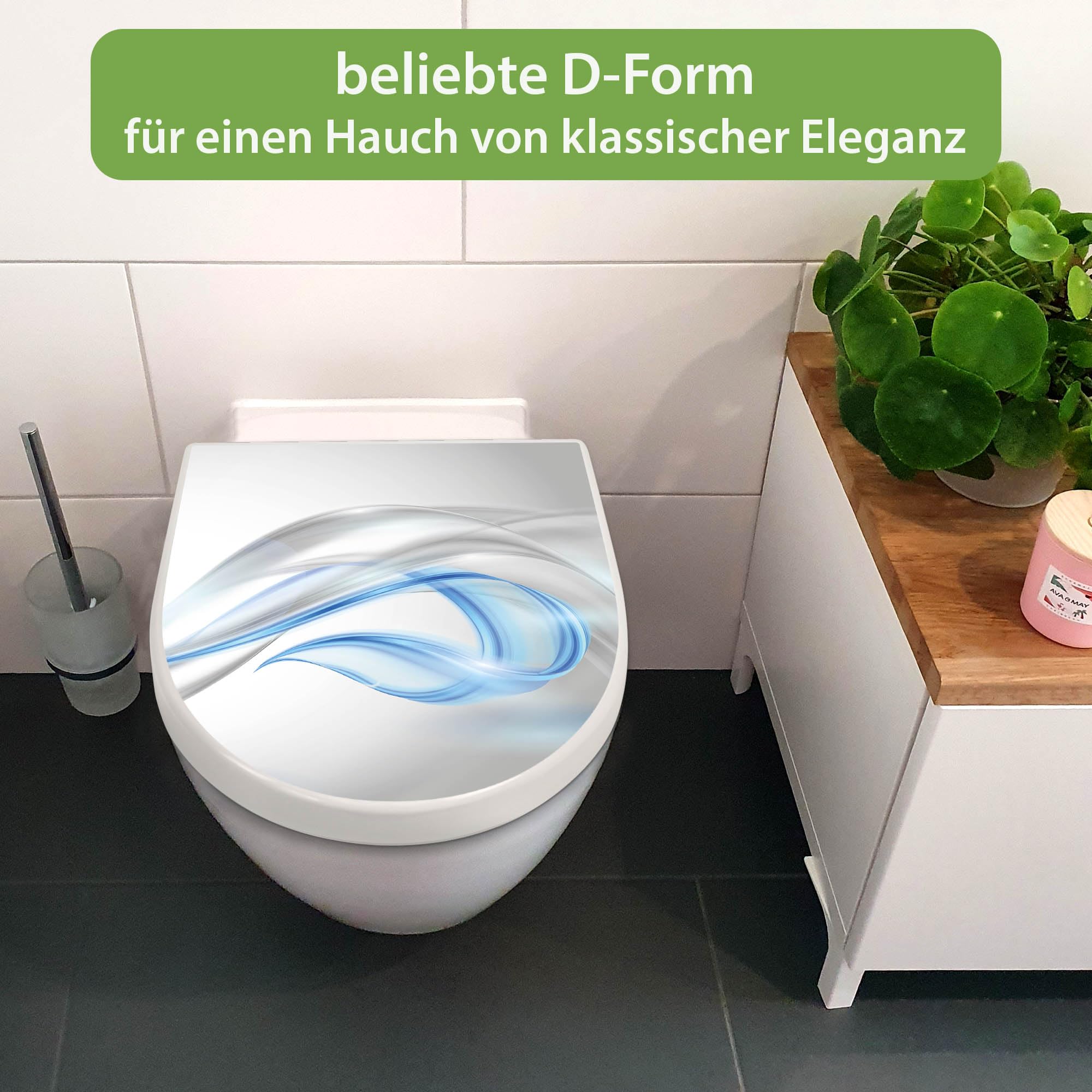 banjado WC Sitz mit Absenkautomatik D Form - Toilettendeckel mit Absenkautomatik D Form - Klodeckel Softclose - stabile Klobrille - Toilettensitz Weiß - Motiv Blauer Schleier