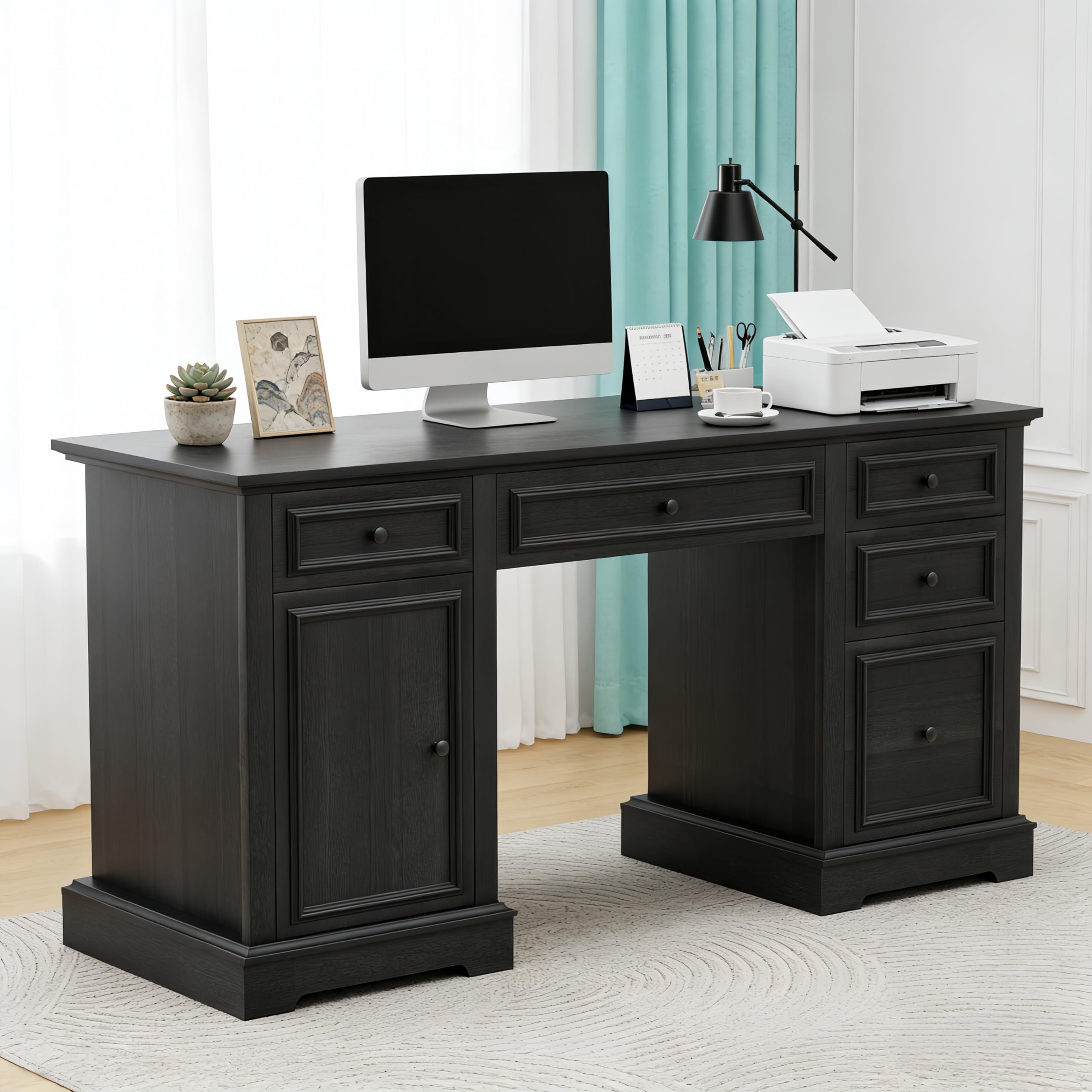 Vipbear 60" Executive Desk, Farmhouse Computer Desk with Drawers and File Cabinet, Embossed Texture Home Office Desks, Workspace for Work Study Writing, Black
