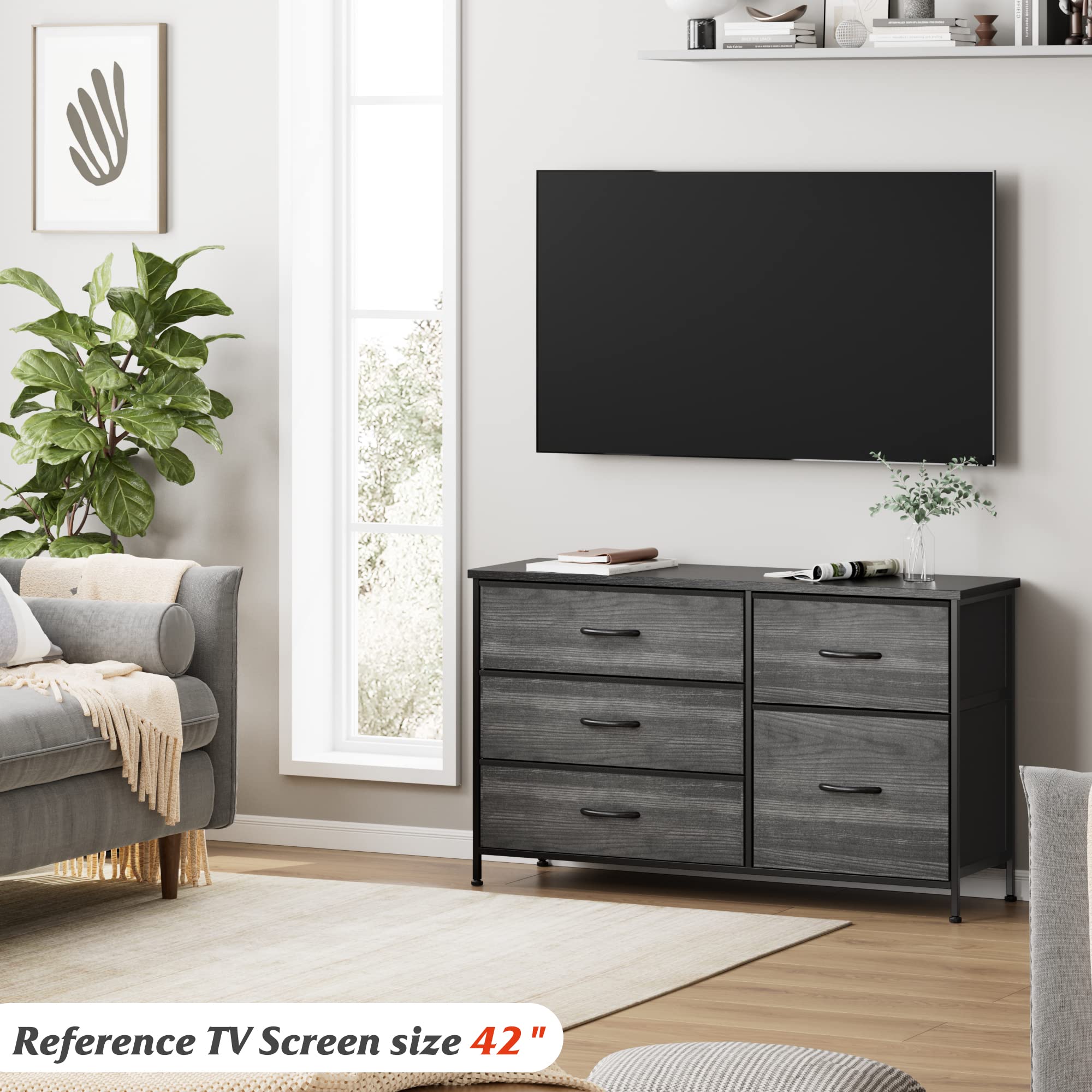 Nicehill Dresser for Bedroom with 5 Drawers, Storage Drawer Organizer, Wide Chest of Drawers for Closet, Clothes, Kids, Baby, TV Stand with Storage Drawers, Fabric Drawers(Black Wood Grain)