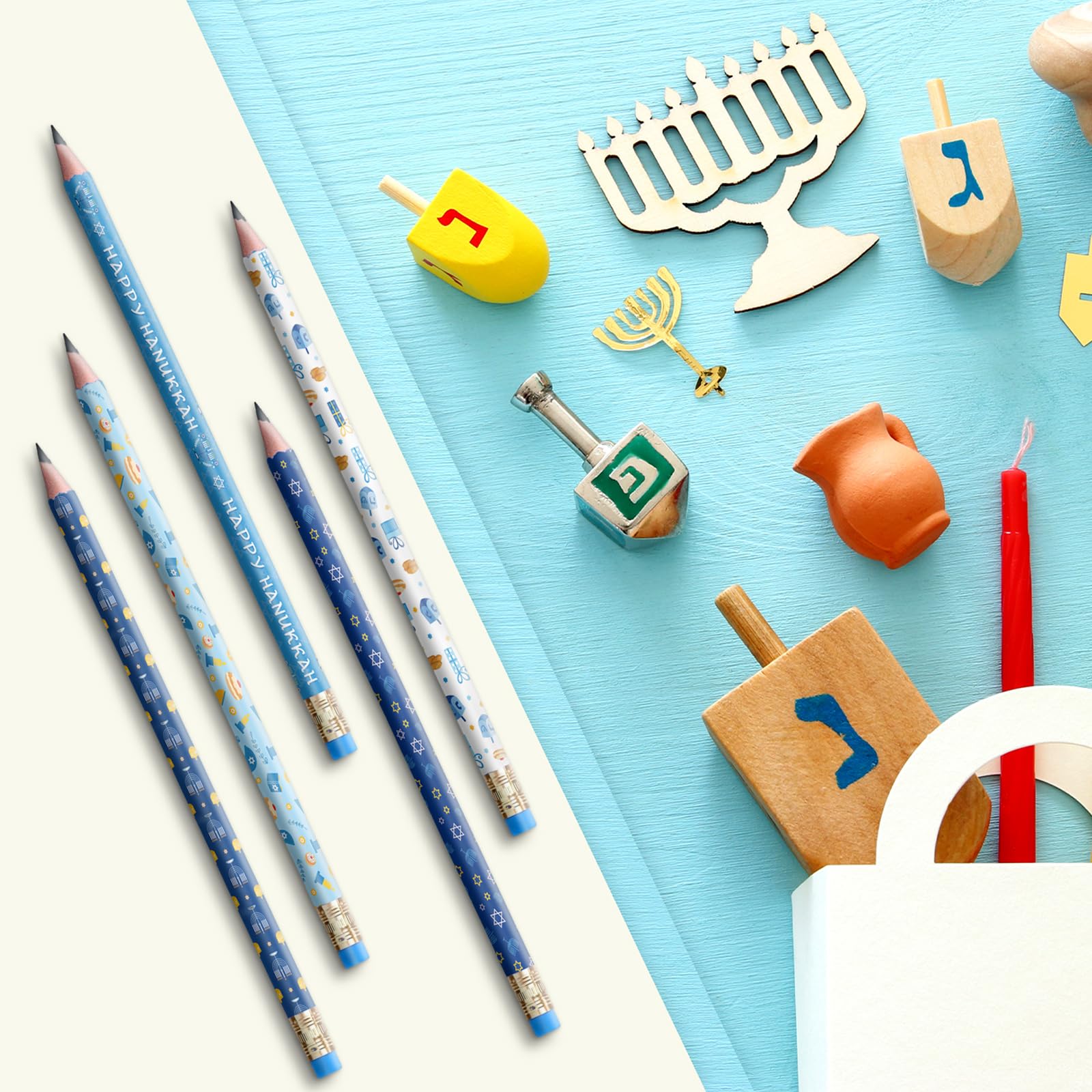 Tenceur 100 lápices de madera de Hanukkah con borrador, surtido de lápices de Janucá, regalo para niños, diversión de escritura, suministros escolares divertidos para aula, recompensa de estudiantes
