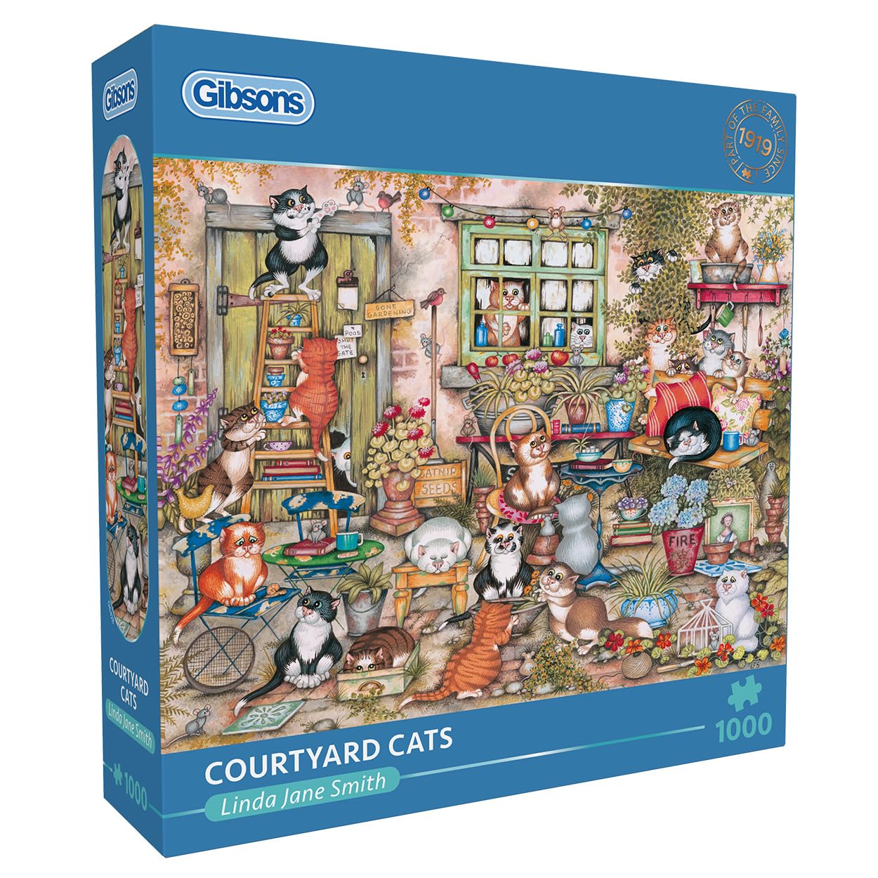 Gibsons Courtyard Cats 1000 Piece Jigsaw Puzzle for Adults – Whimsical Feline Artwork by Linda Jane Smith – Fun Animal Cartoon Scene – Premium Sustainable Puzzle Made in the UK/EU