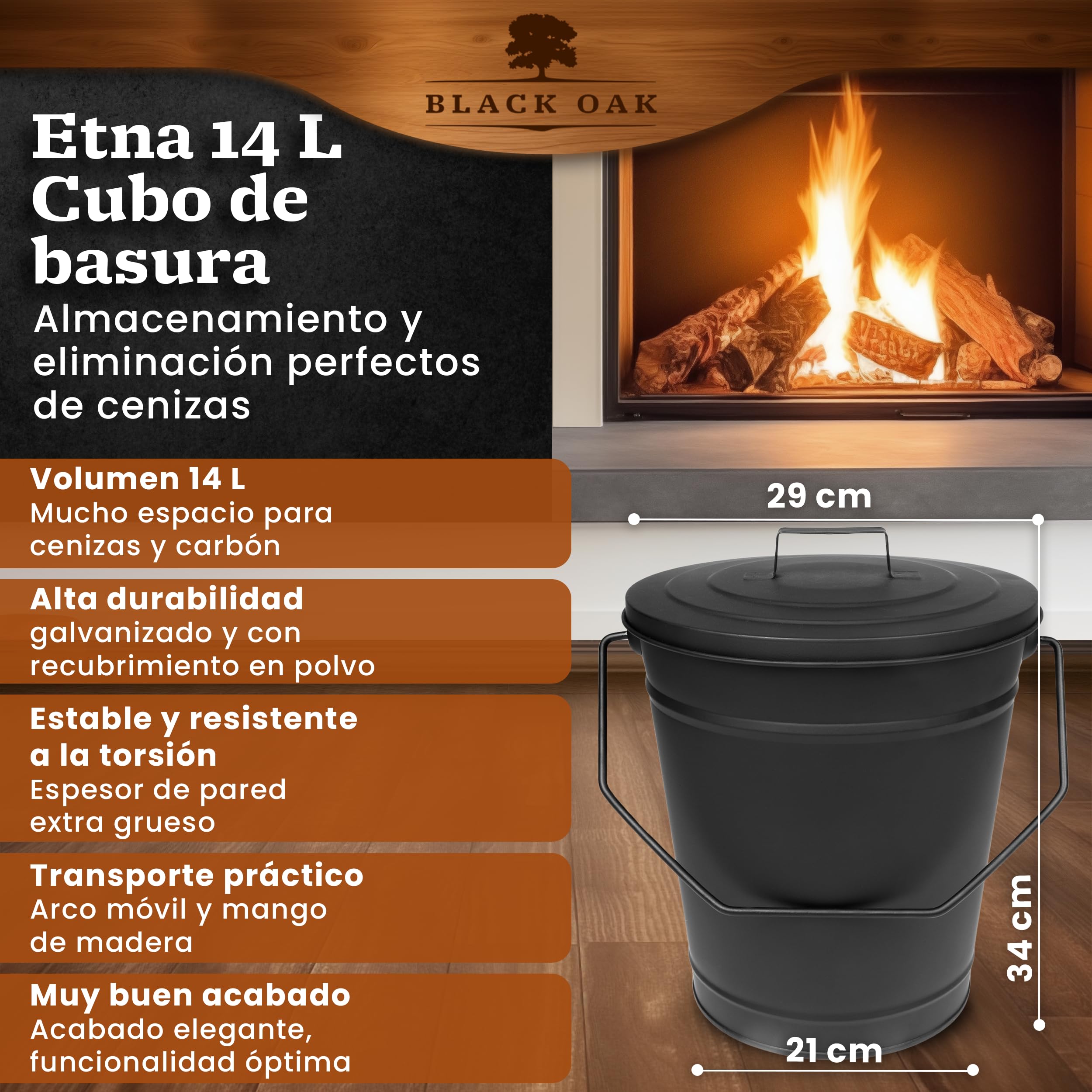 BLACK OAK Cubo de ceniza ETNA 14L – negro con tapa – grande 14 litros – Acero galvanizado y recubierto de polvo para cenizas y carbón, accesorio ideal para chimenea, estufa de azulejos, estufa de leña