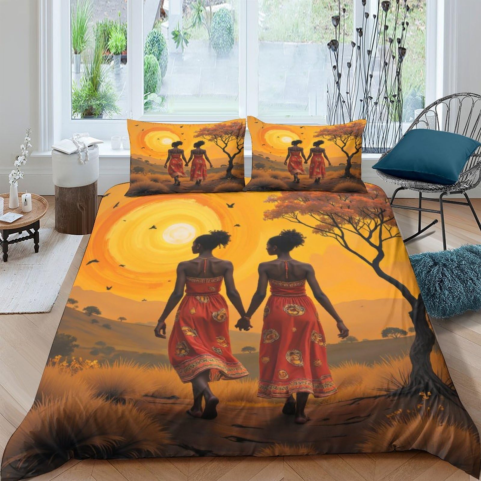 GPLZQXKJNH 3D Printed African Sunset Duvet Cover Microfiber Soft Breathable Women Silhouette Quilt Cover Set with 2 Pillowcases for Bedroom Decor Single（135x200cm）