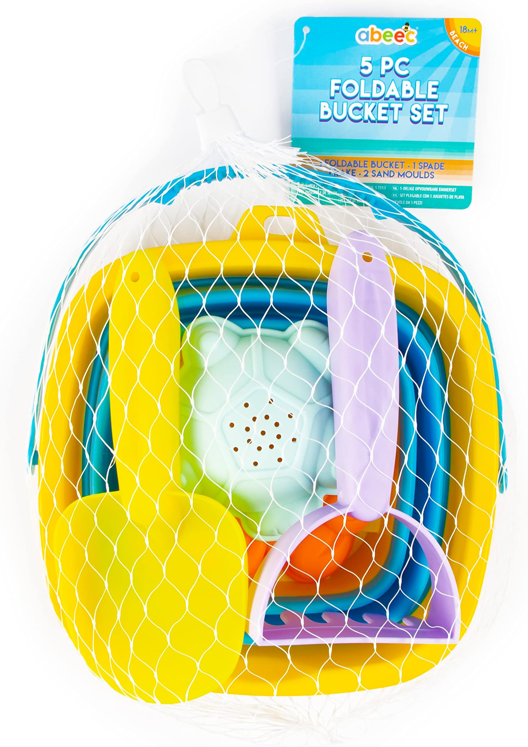 5 Piece Foldable Beach Bucket Set – Collapsible Sand Bucket & Sandpit Toys – Ideal Beach, Outdoor, Water, and Sand Toys for Kids