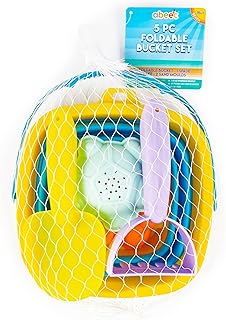 abeec 5 Piece Foldable Beach Bucket Set – Collapsible Sand Bucket & Sandpit Toys – Ideal Beach, Outdoor, Water, and Sand Toys for Kids