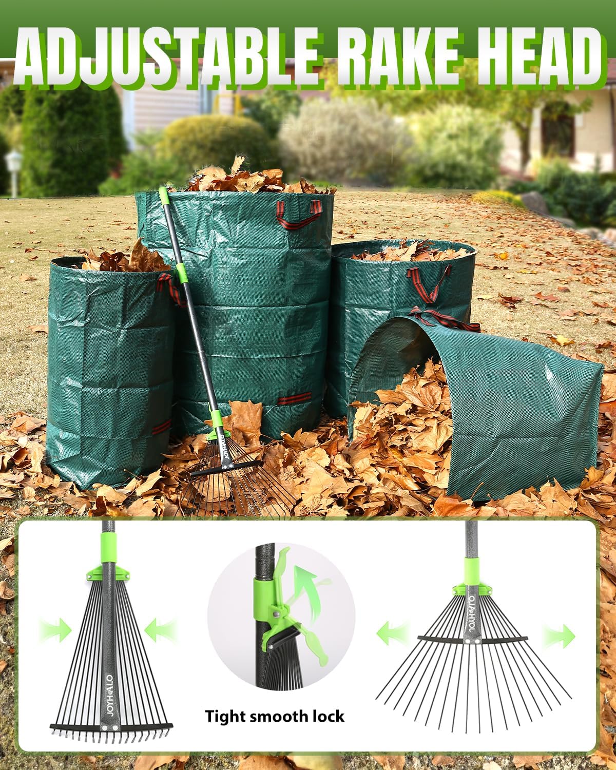Joyhalo 63.4 Inch Rake for Leaves with 40 Gallon Dustpan-Typ Leaf Bags, Adjustable 18 Tines Metal Leaf Rake Set for Gardening Lawns Yard Outdoor Camping Shrub Grass Bush Grass Clippings