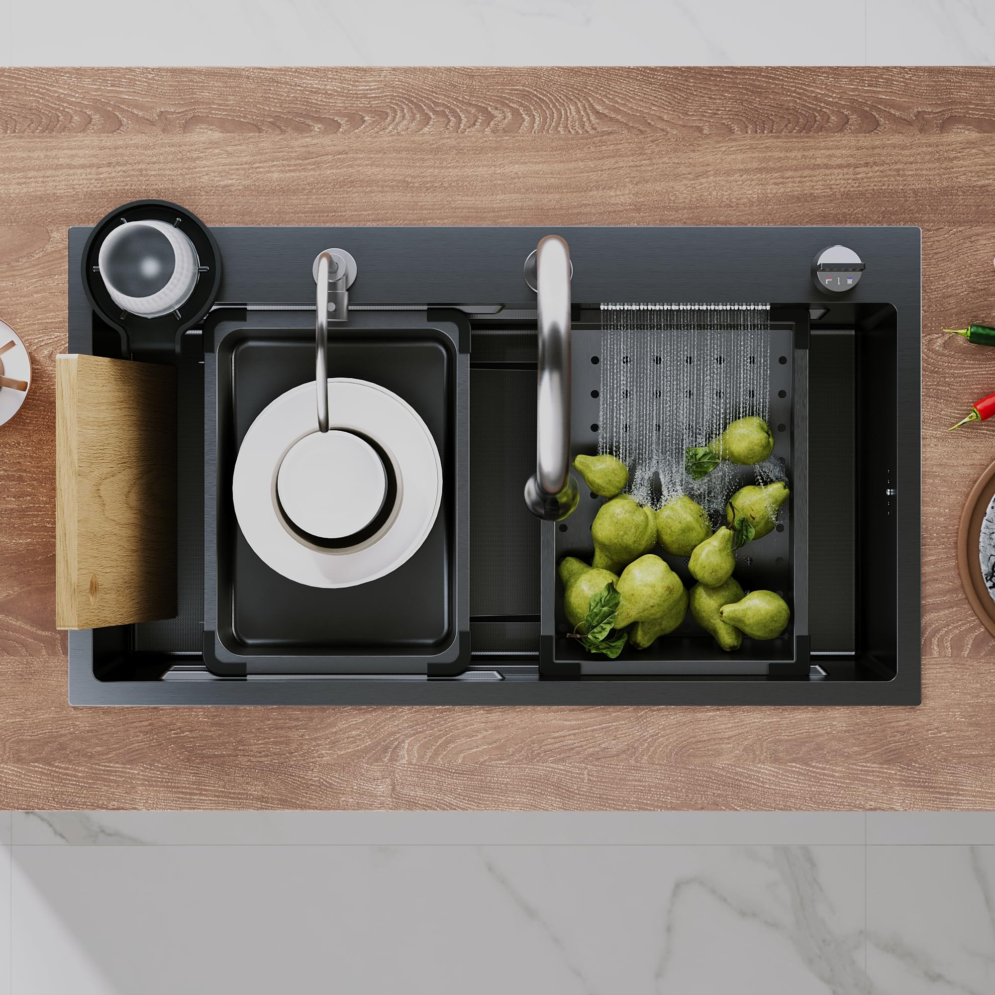 Sirhona - Fregadero de cocina multifunción, 80 x 45 cm, con grifo retráctil, bandeja de goteo + cesta de goteo + enjuague de vidrio+tabla de cortar, fregadero de cocina, accesorios de fregadero