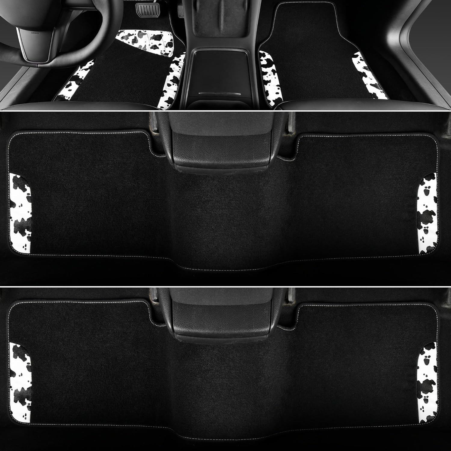 CAR PASS Waterproof Universal 3 Row Car Floor Mats, Cow Print Car Mats Fit for SUV,Vans,sedans, Trucks,Set of 3 Row Vehicles Car Carpet with Heel Pad and Nibs Backing, Cute Women Girly (Black White) - Image 3