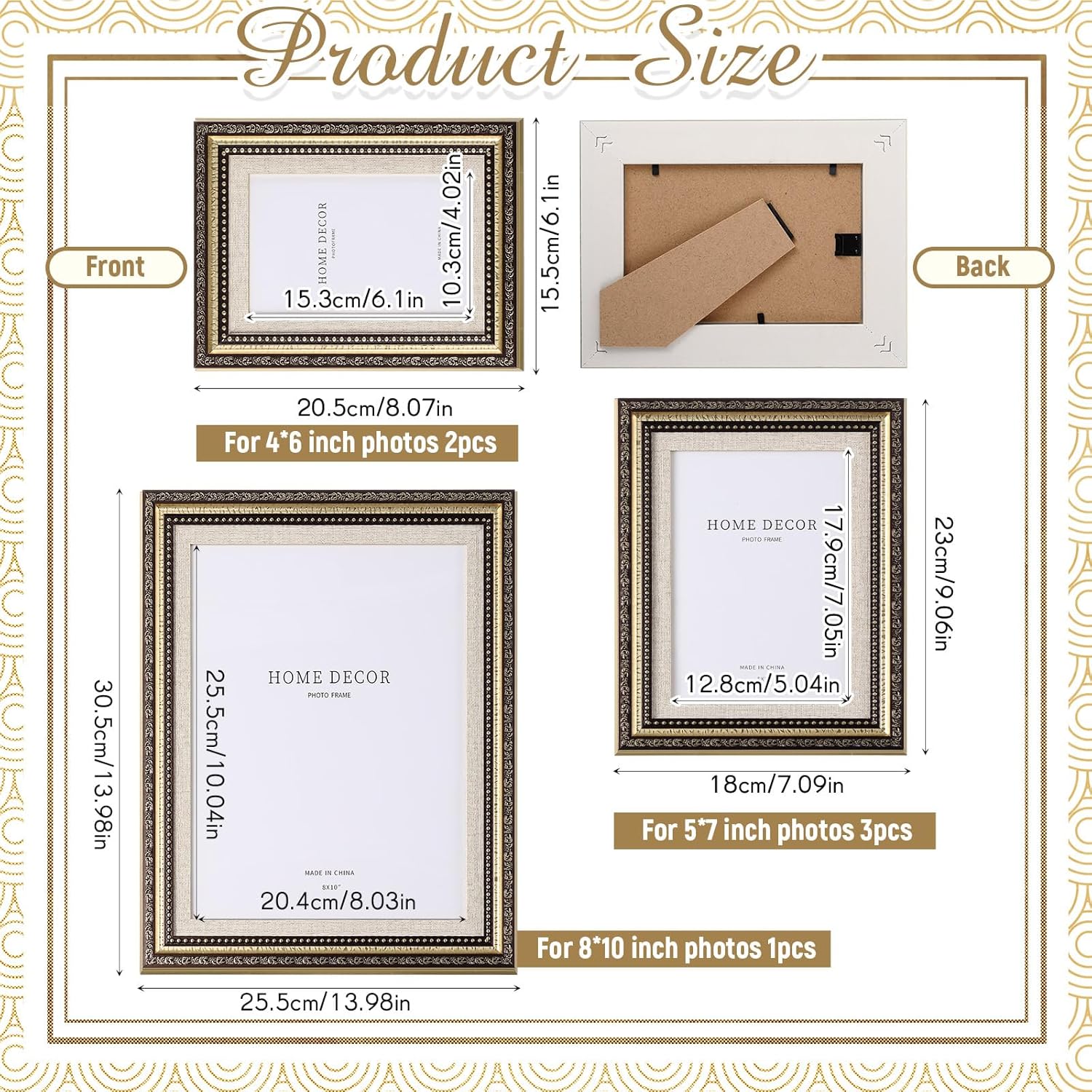 Vintage Picture Frames Set of 6, Gallery Wall Frame Set (4x6, 5x7, 8x10), Antique Photo Frames for Wall Decor, Rustic Home Decor for Living Room Bedroom