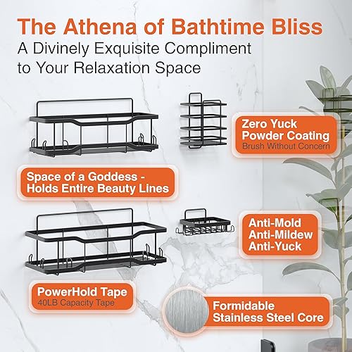 Miniatura 8 de Athena Silken - Juego de 4 estantes de baño, capacidad de 40 libras, cinta adhesiva sin taladro, a prueba de óxido, magnífico organizador de ducha