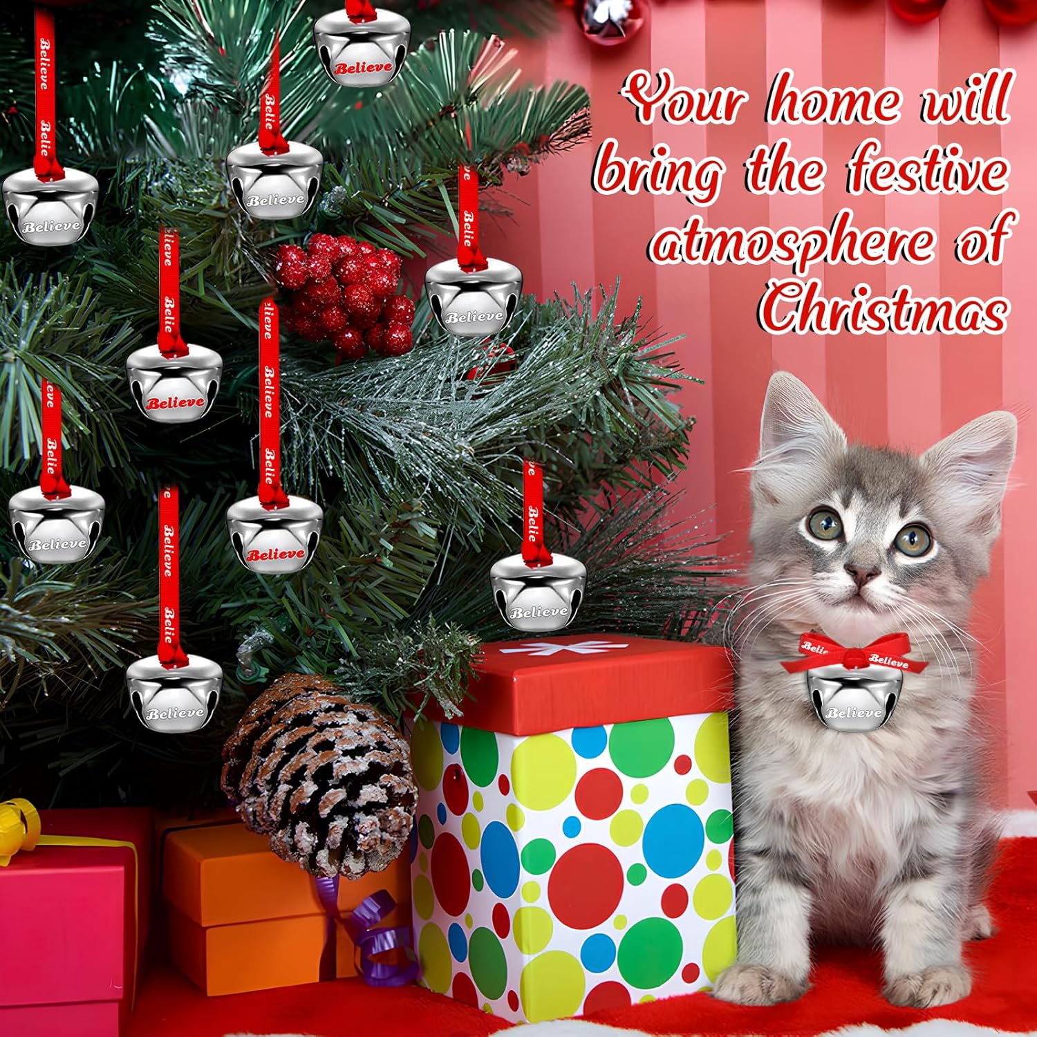 40 Sets Christmas Bells Ornaments, Christmas Believe Bells Bulk Polar Express Decorations Xmas Party Gifts Favors Silver Sleigh Jingle Bells for Christmas Tree Home Decoration(1.6 Inch) - Image 3