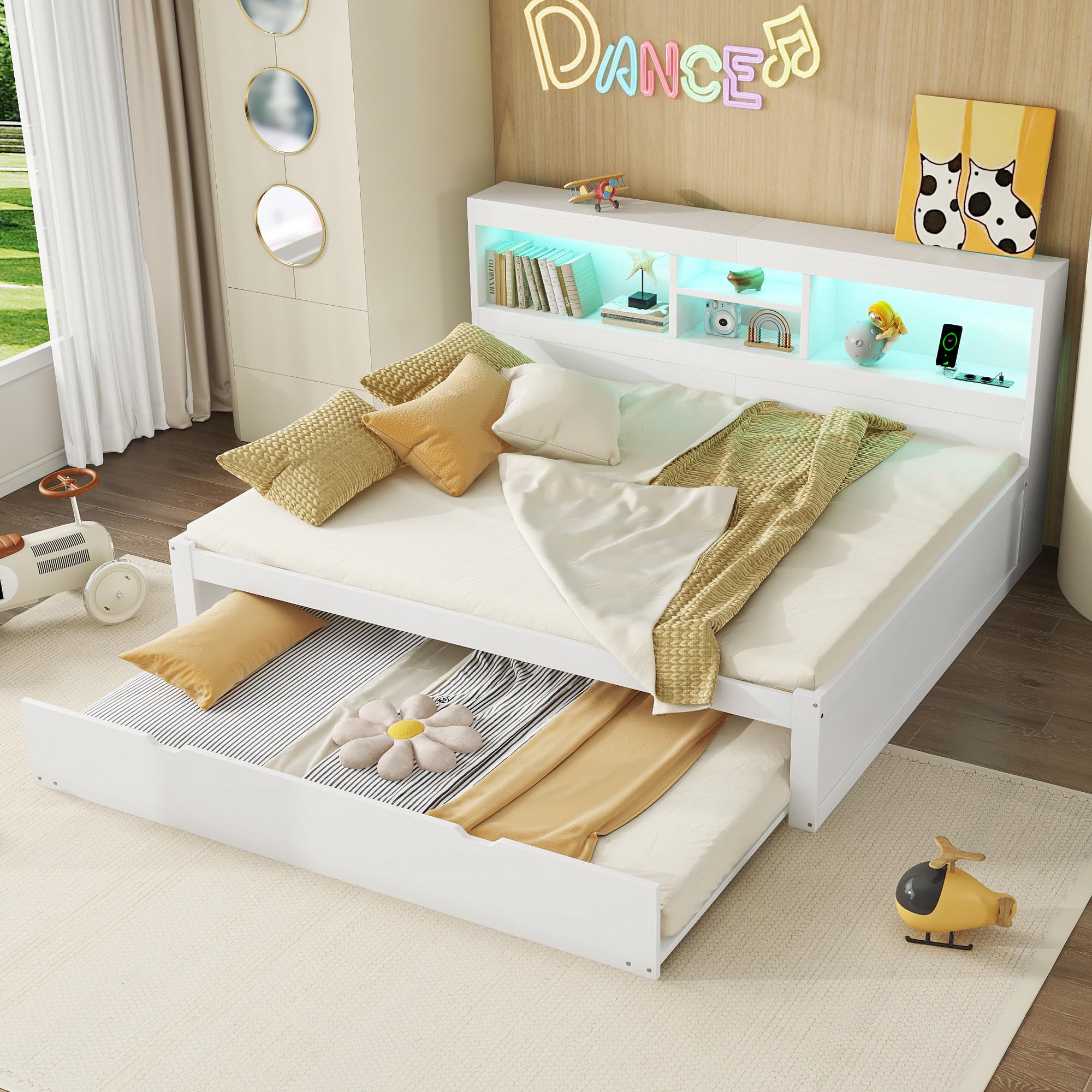Gegtuon Doppelbett Holzbett 140x200 mit LED-Licht & USB-Buchse für Kinder, Jugendbett Funktionsbett mit Ausziehbares Bett und Stauraum Regal, Bettgestell mit Lattenrost aus Holz, ohne Matratze, Weiß