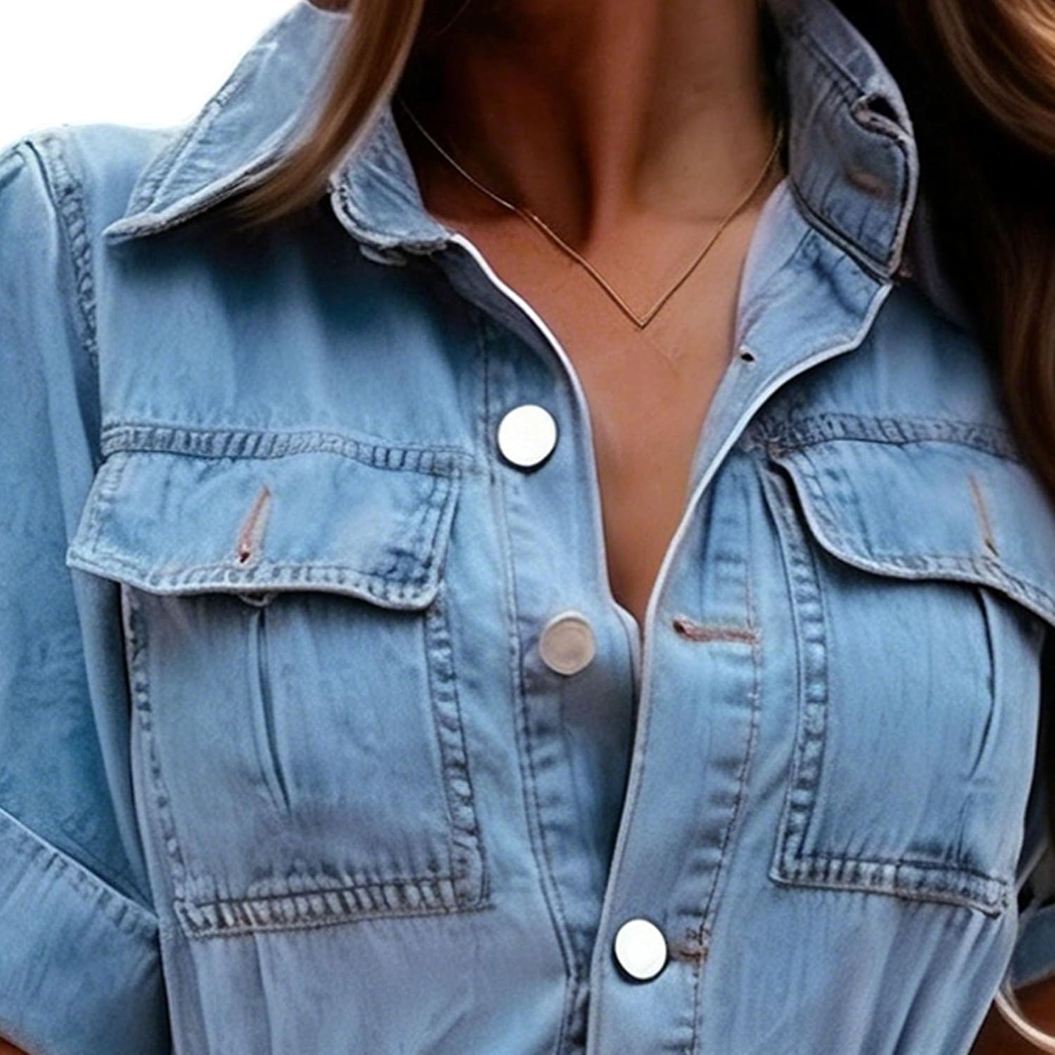 Women's V Neck Bottom Down Denim Shirt Dress Short Sleeve -Line Long Jeans Western Dresses with Pockets