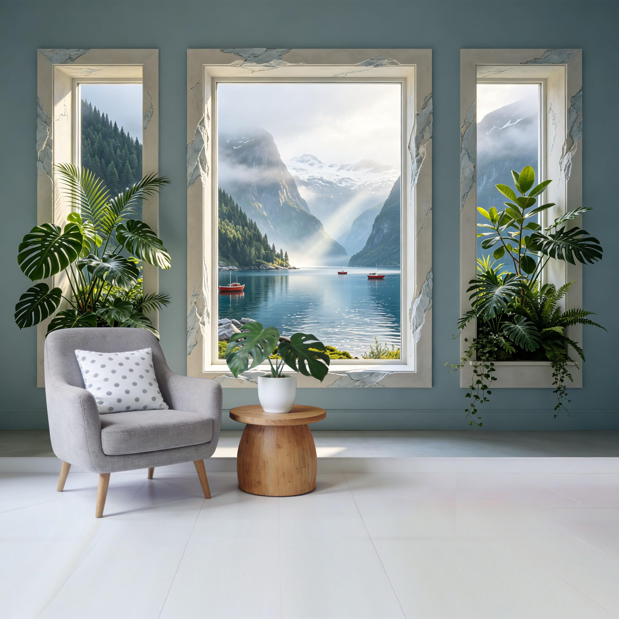 Removable Self Adhesive Fabric Mural， 3D Trompe L'Oeil Scenic Mountain Lake Custom Size Wall Covering， UV Protected Waterproof Washable Wall Decor for Living Room Bedroom Bathroom