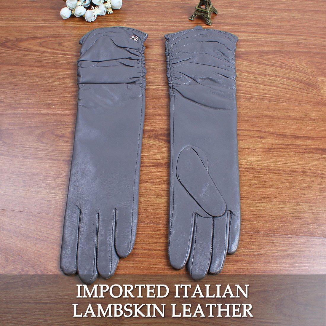 women's l'hiver des gants en cuir véritable nappa ruched à écran tactile coude partie mitaines en cuir