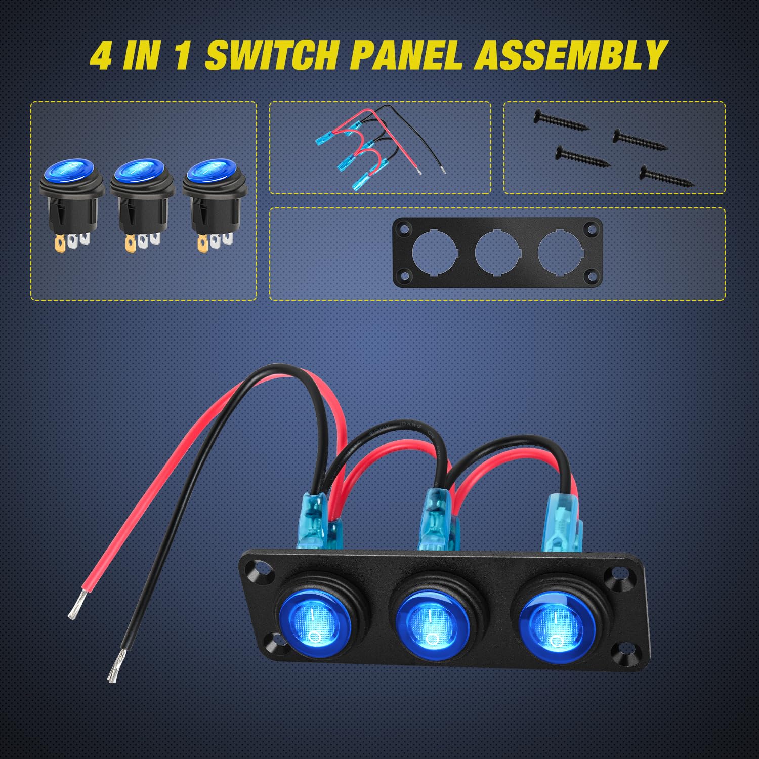Auxbeam Switch Panel DaierTek 3 Gang Panel 12V Marine Switch Panel  Waterproof Red Led Light 5 Pin Onoff Rocker Toggle Switch Panel Pre Wired  For Boat Automotive Car Rocker Switch, image size:1500x1500