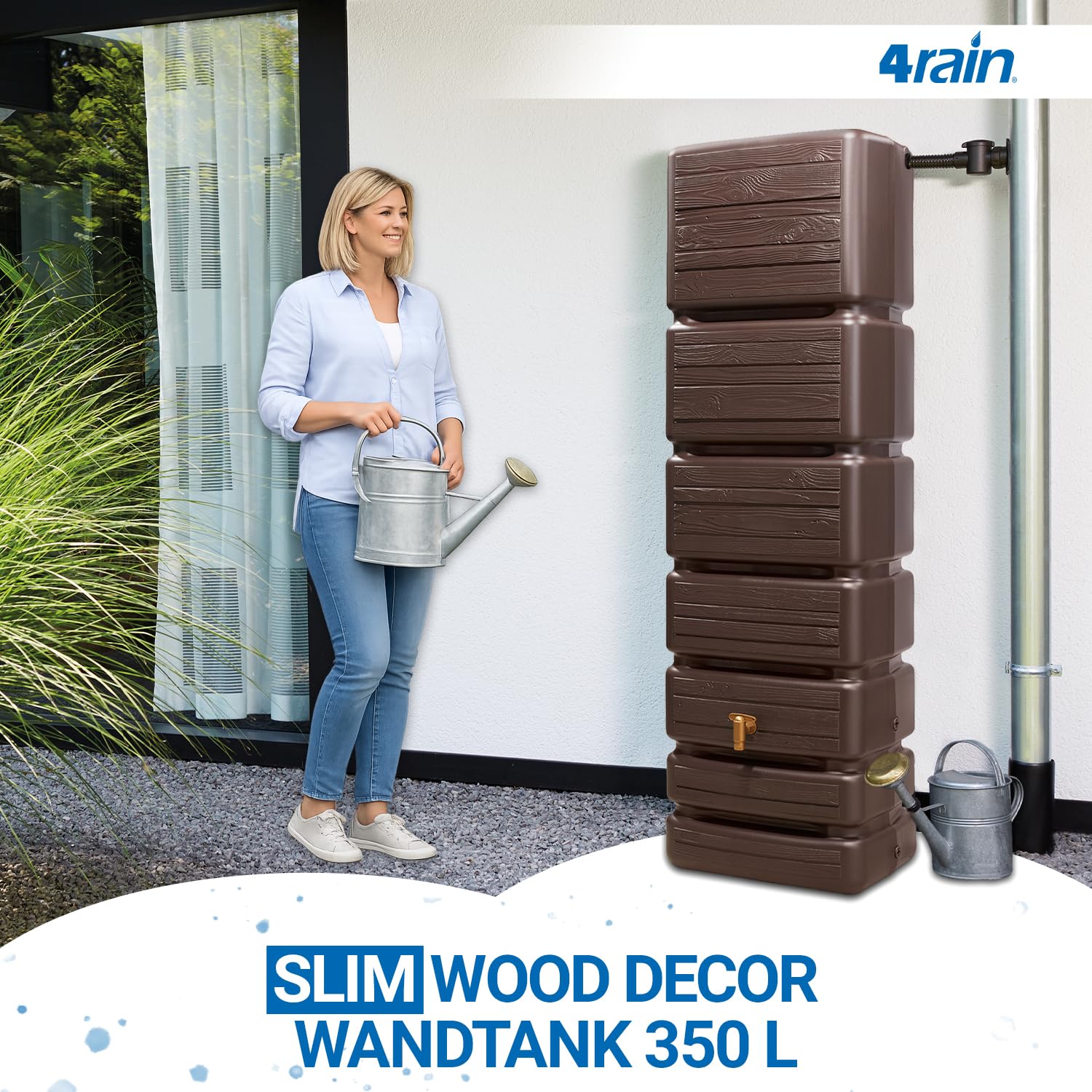 4rain Slim Wood Decor Regentonne 350 Liter Darkwood Wandtank, Wassertank | Regenfass, Regenwassertonne, Regenwassertank, Wasserbehälter, Wasserfass, Wassertonnen für Garten, Wassertonne
