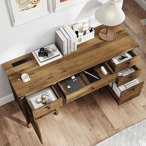 Miniatura 7 de Escritorio ejecutivo de granja con cajones, escritorio de computadora de granja de 62 pulgadas de ancho con tomas de corriente y carga USB,