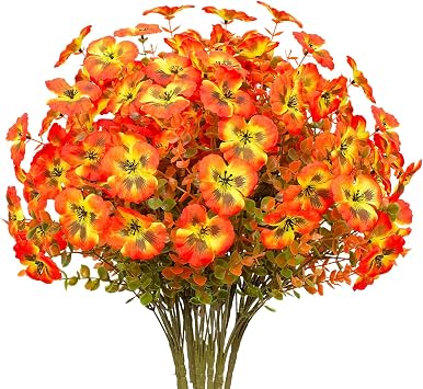 10 Bundles Artificial Flowers UV Resistant Faux Pansy Fake Plants and Fake Mums Fall Decorations for Home and Outside Garden Porch Window Box Home DecorAutumn Orange