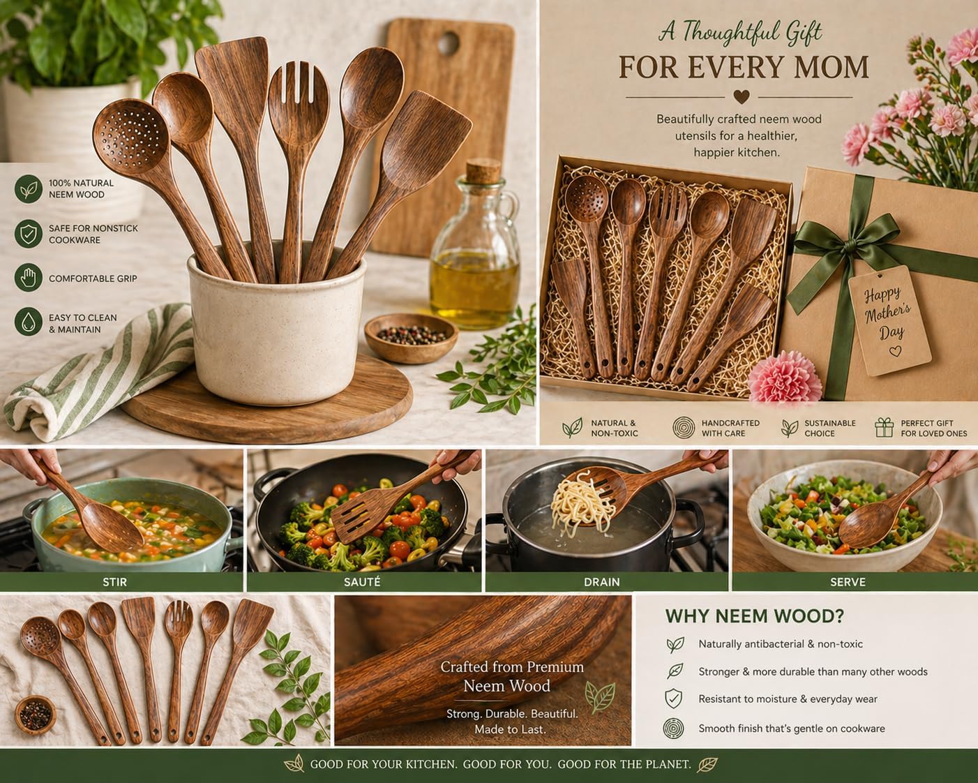 Father’s Day Neem Wood Cooking Utensil Setof 6, Wooden Spoons for Cooking, Natural Wooden Kitchen Utensils for Nonstick Cookware, Heat Resistant Spatula & Spoon Set, Eco-Friendly Kitchen Tools