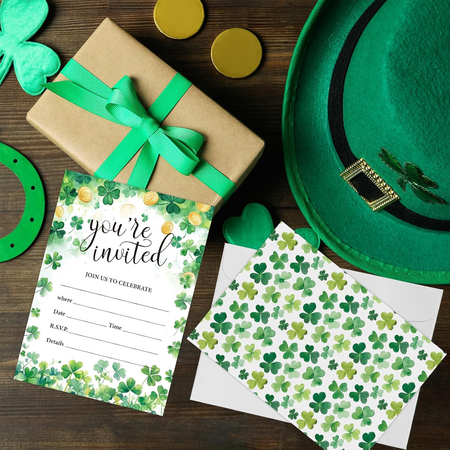 JarThenaAMCS 25 Set St. Patrick's Day Party Invitation with Envelopes Watercolor Green Shamrock Clover Paper Invites for Irish Holiday Birthday Baby Shower, Fill In Blank