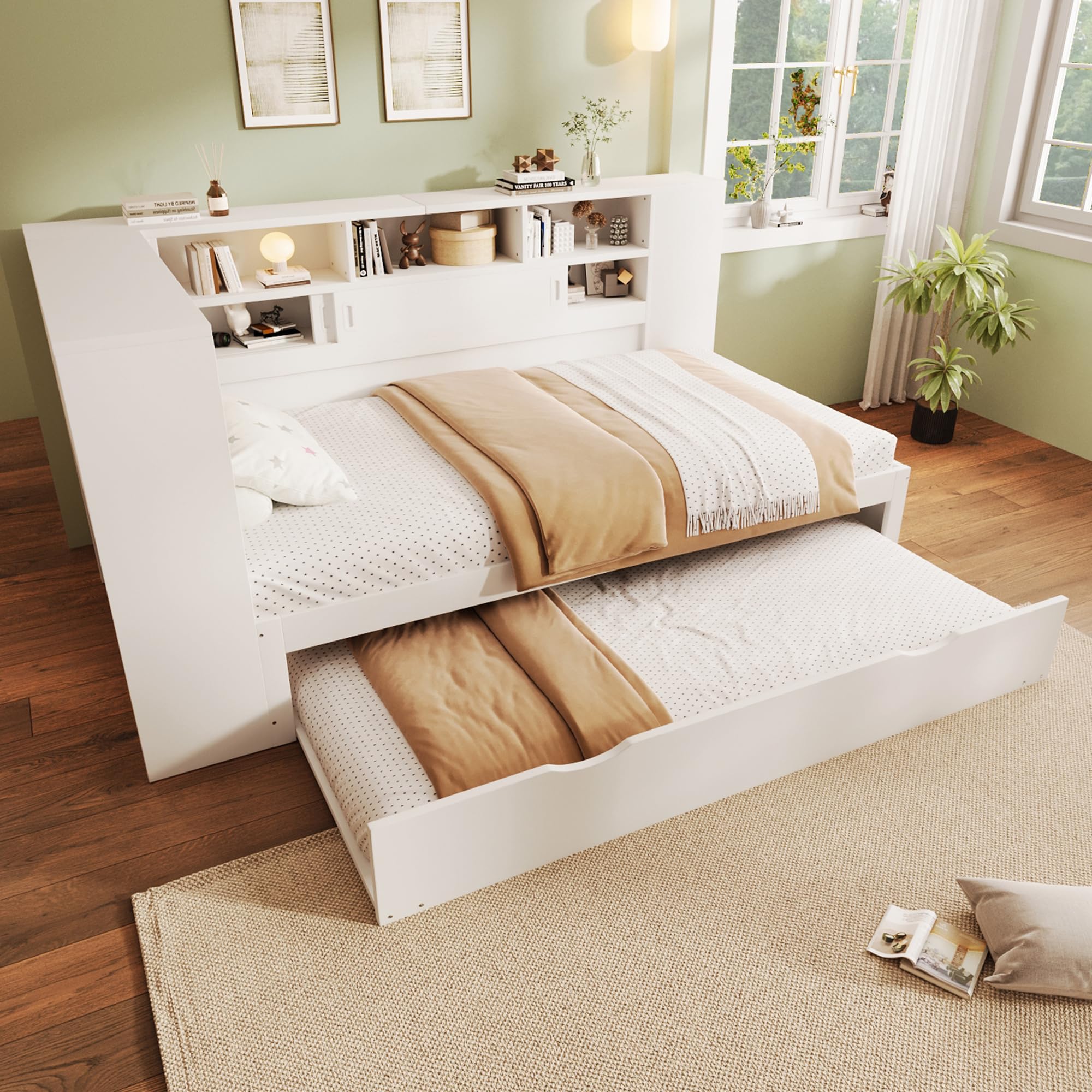 Funktionsbett | Stauraumbett | Kinderbett mit Ausziehbett, USB und Bücherregal, Kiefernholz Plattformbett mit Regal, für Erwachsene, Kinder, Jungendliche, Weiß, 90x200 (90x190)