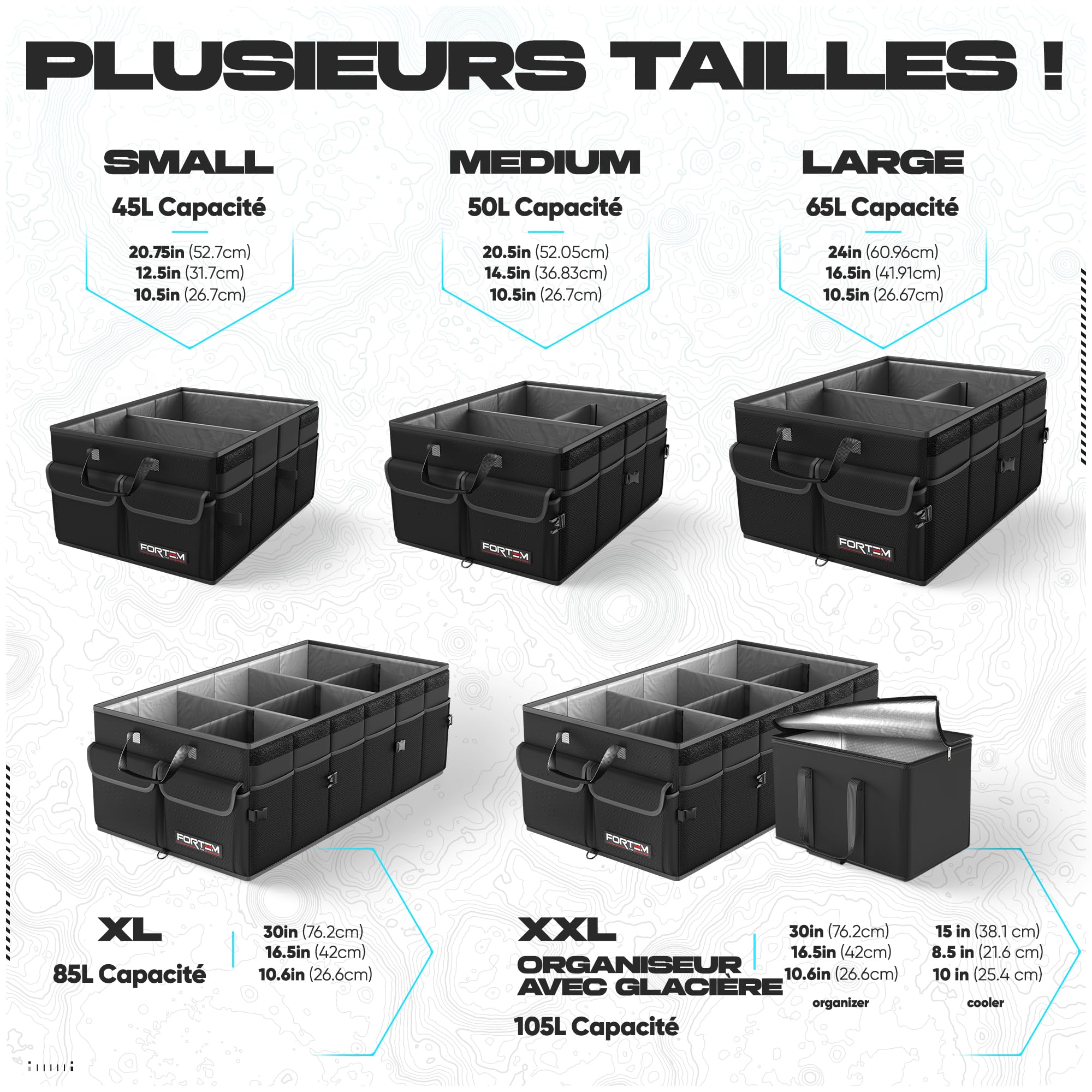 FORTEM Organiseur de coffre de voiture, pliable, plusieurs compartiments, rangement pliable pour accessoires de voiture, fond antidérapant, sangles de sécurité, couvercle souple, 50 L (Noir, Standard)